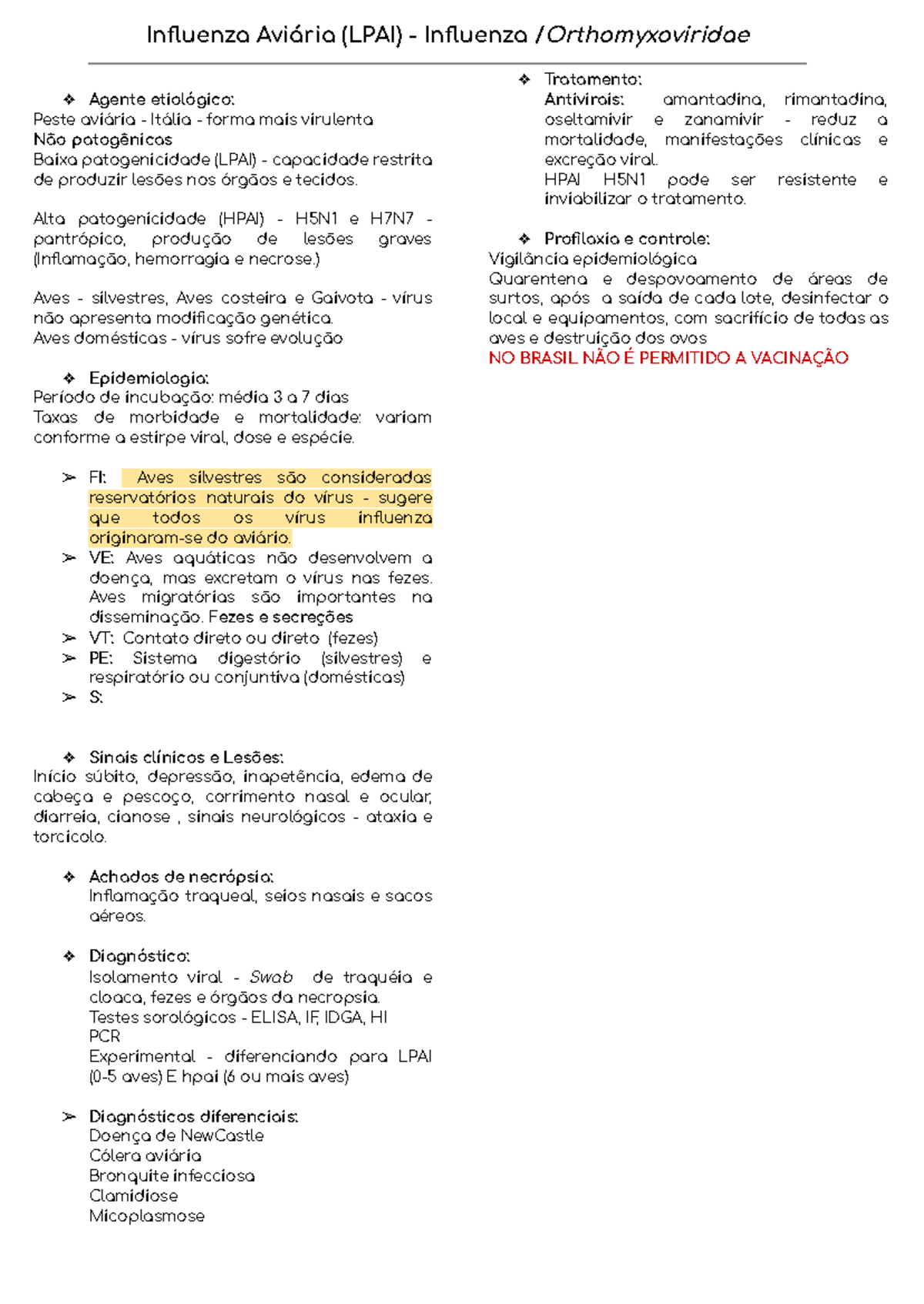 Influenza Aviária - Resumo de Aula sobre LPAI e HPAI - Studocu