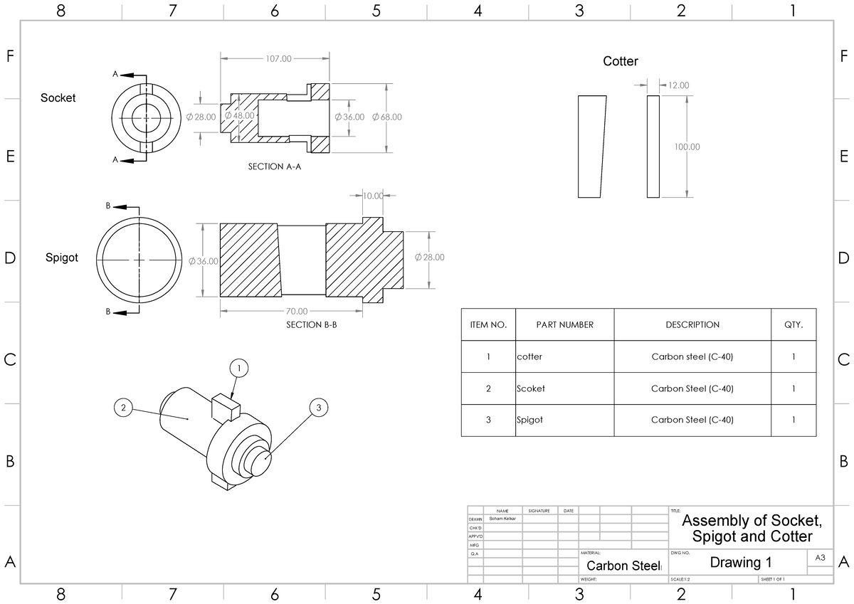 Soham Sheet: Assembly Drawing of Socket, Spigot & Cotter - Studocu