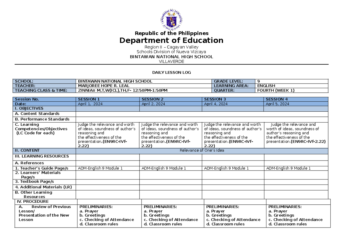 DLL ENG 9 Q4 W1 - Daily Lesson Log for Week 1 - Studocu