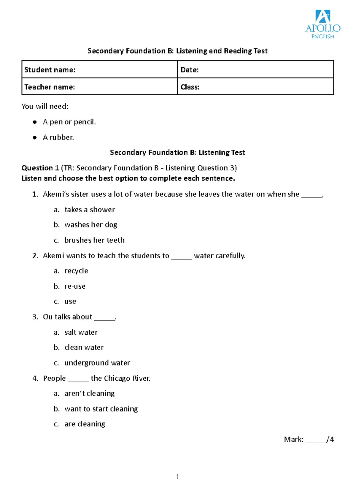 SF Test FB Receptive - TEST - Secondary Foundation B: Listening and ...