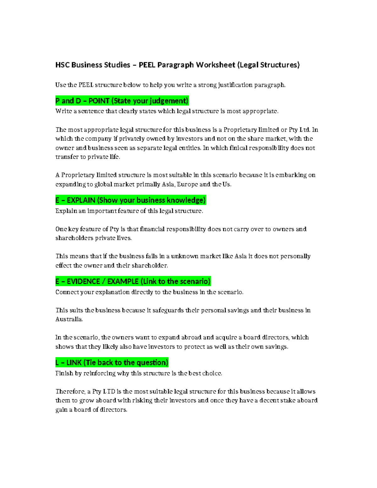 HSC Business Studies PEEL Paragraph Worksheet on Legal Structures - Studocu