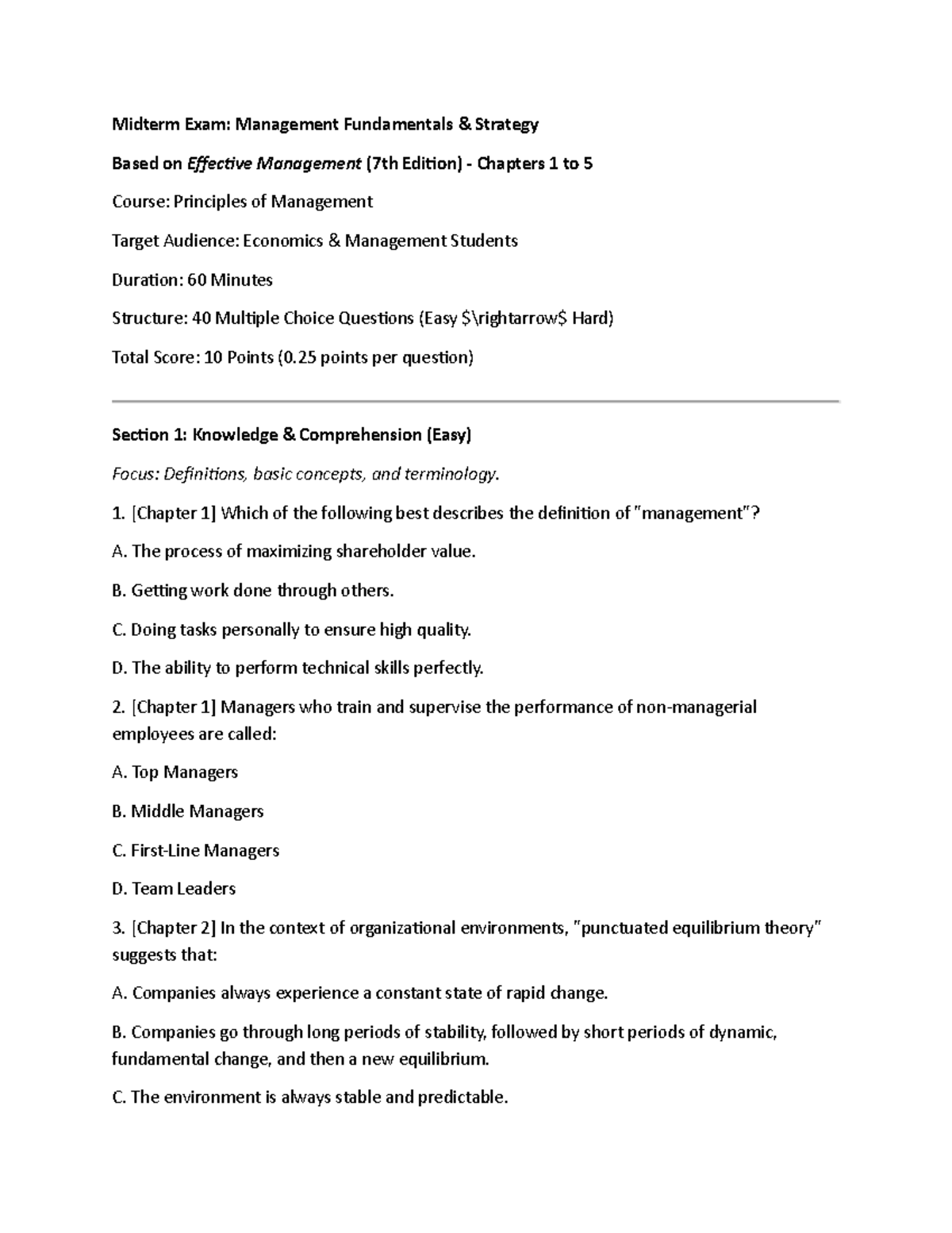 Midterm Exam: Principles of Management (MGT101) Chapters 1-5 - Studocu