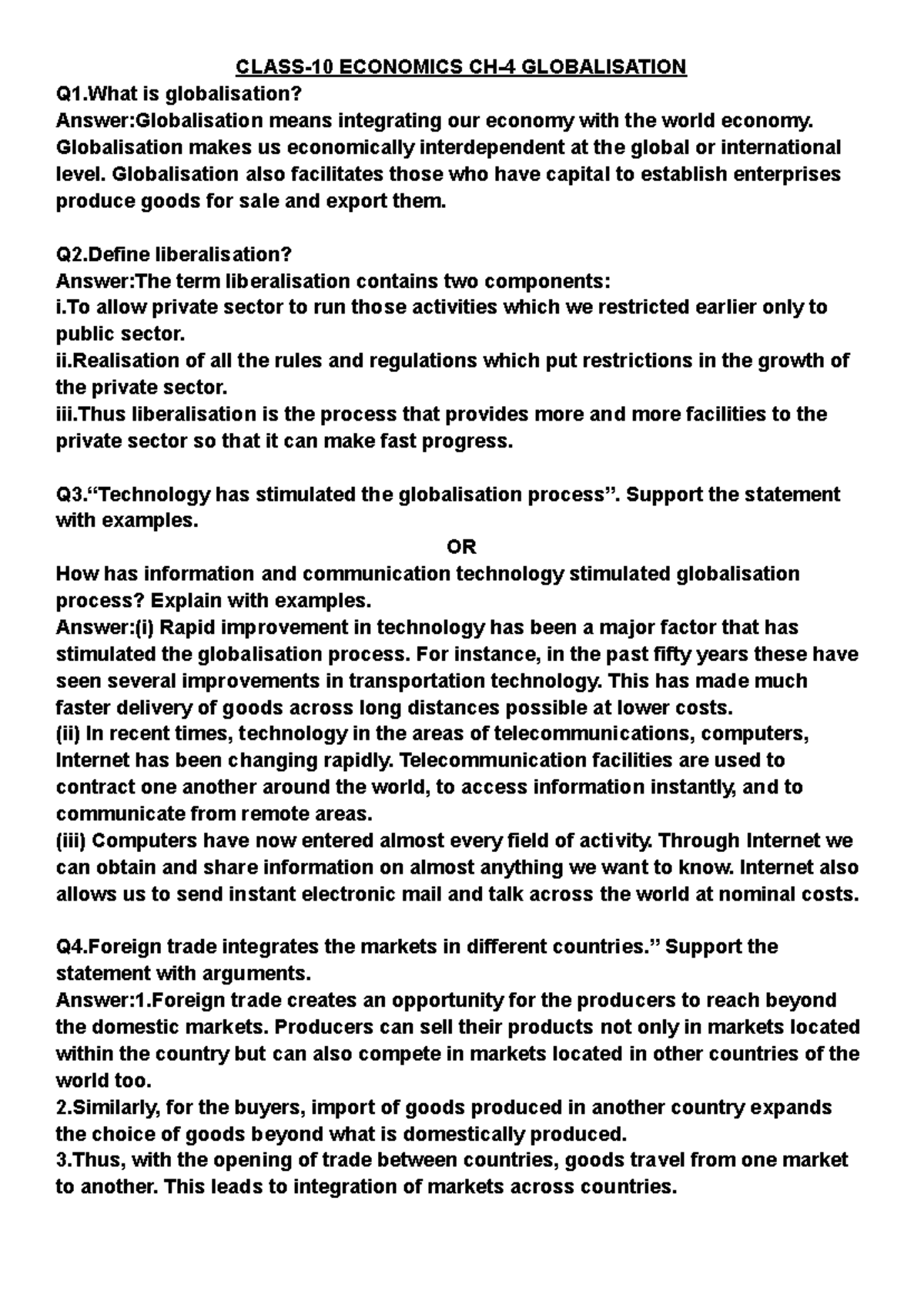 10 Q/A Eco Ch-4 Globalisation - CLASS-10 ECONOMICS CH-4 GLOBALISATION ...