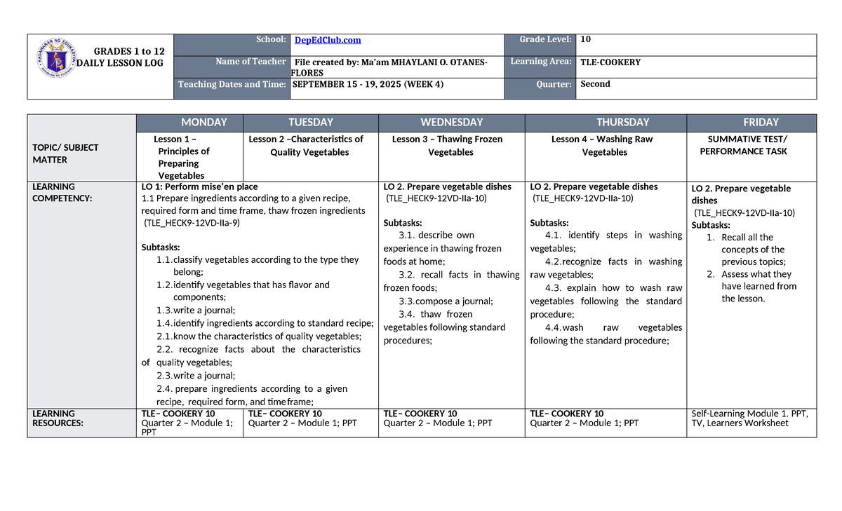 DLL TLE Cookery 10 Q2 W4: Daily Lesson Log on Vegetable Preparation ...