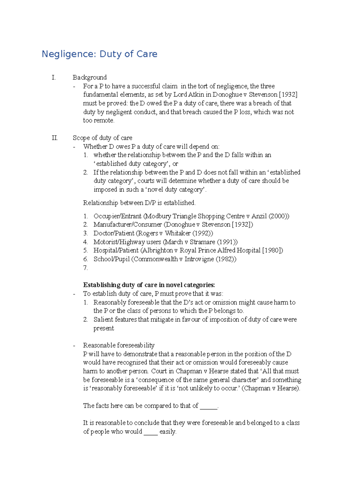 Duty of Care: Class Notes on Negligence and Legal Relationships - Studocu