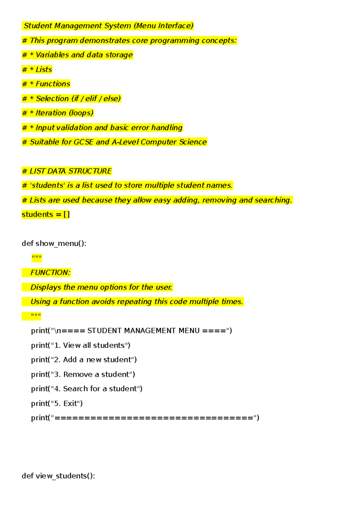 Student Management System (GCSE) - Menu Interface Overview - Studocu