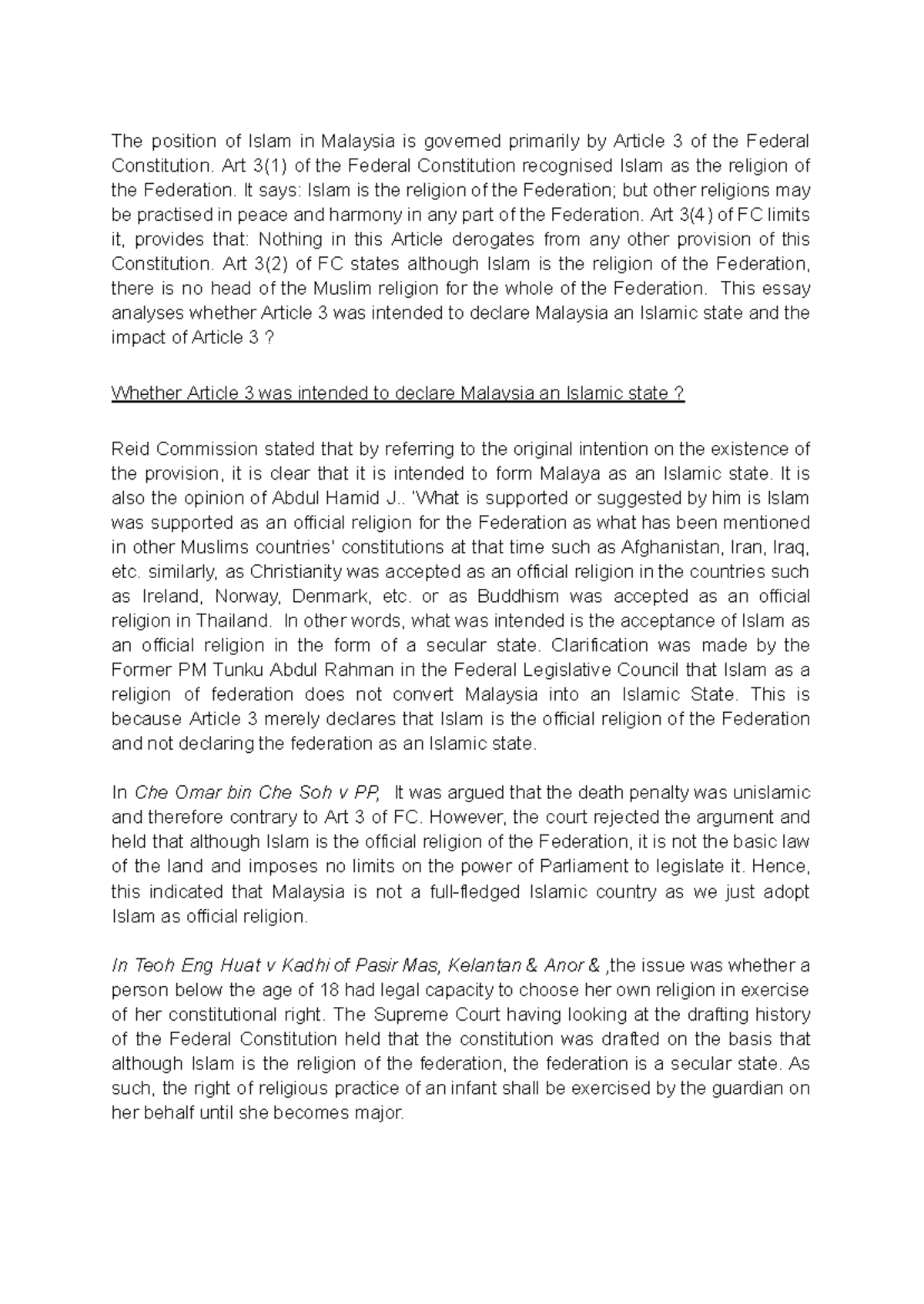The Position of Islam in Malaysia: An Analysis of Article 3 FC - Studocu