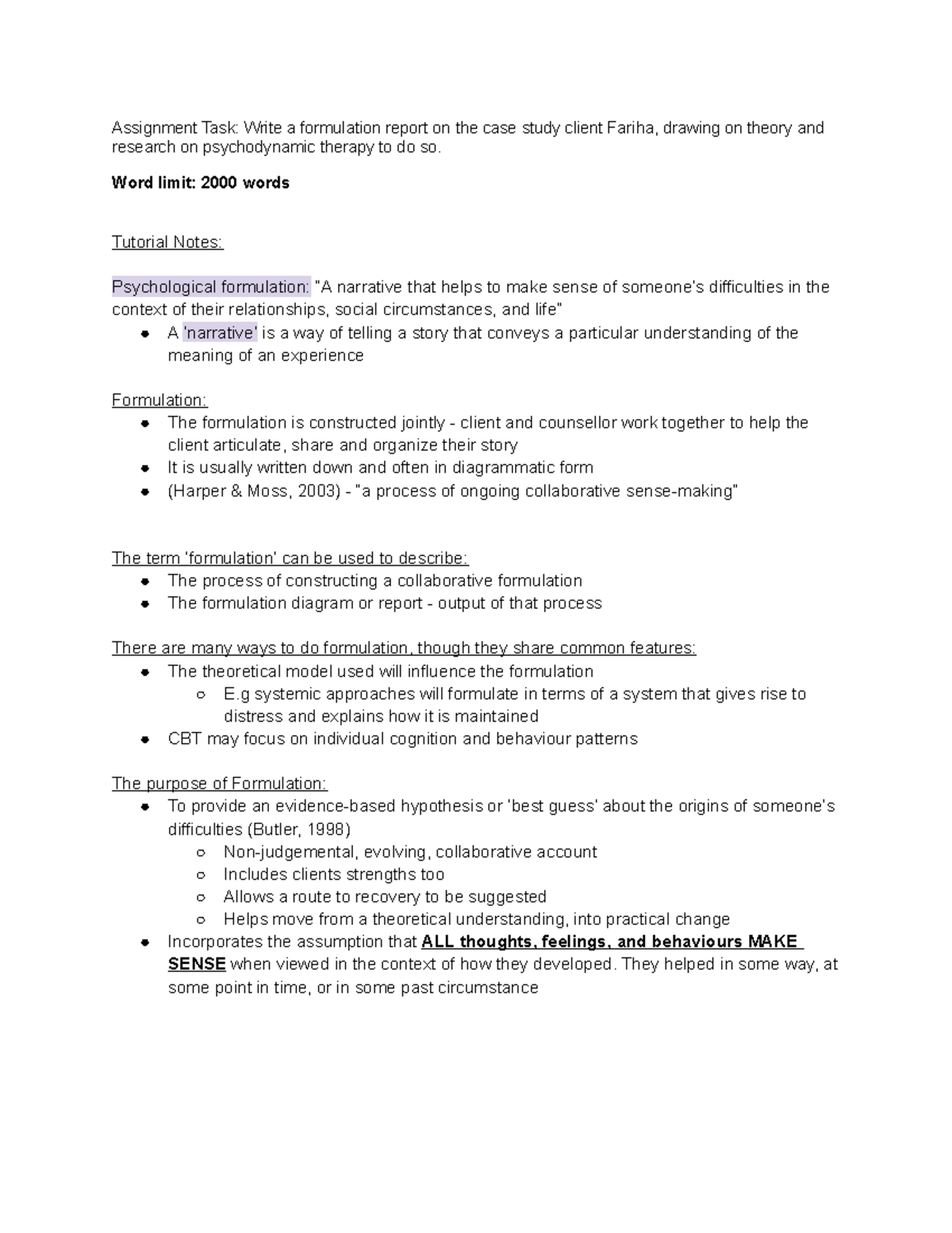 D241 TMA 03: Psychodynamic Formulation Report on Client Fariha - Studocu