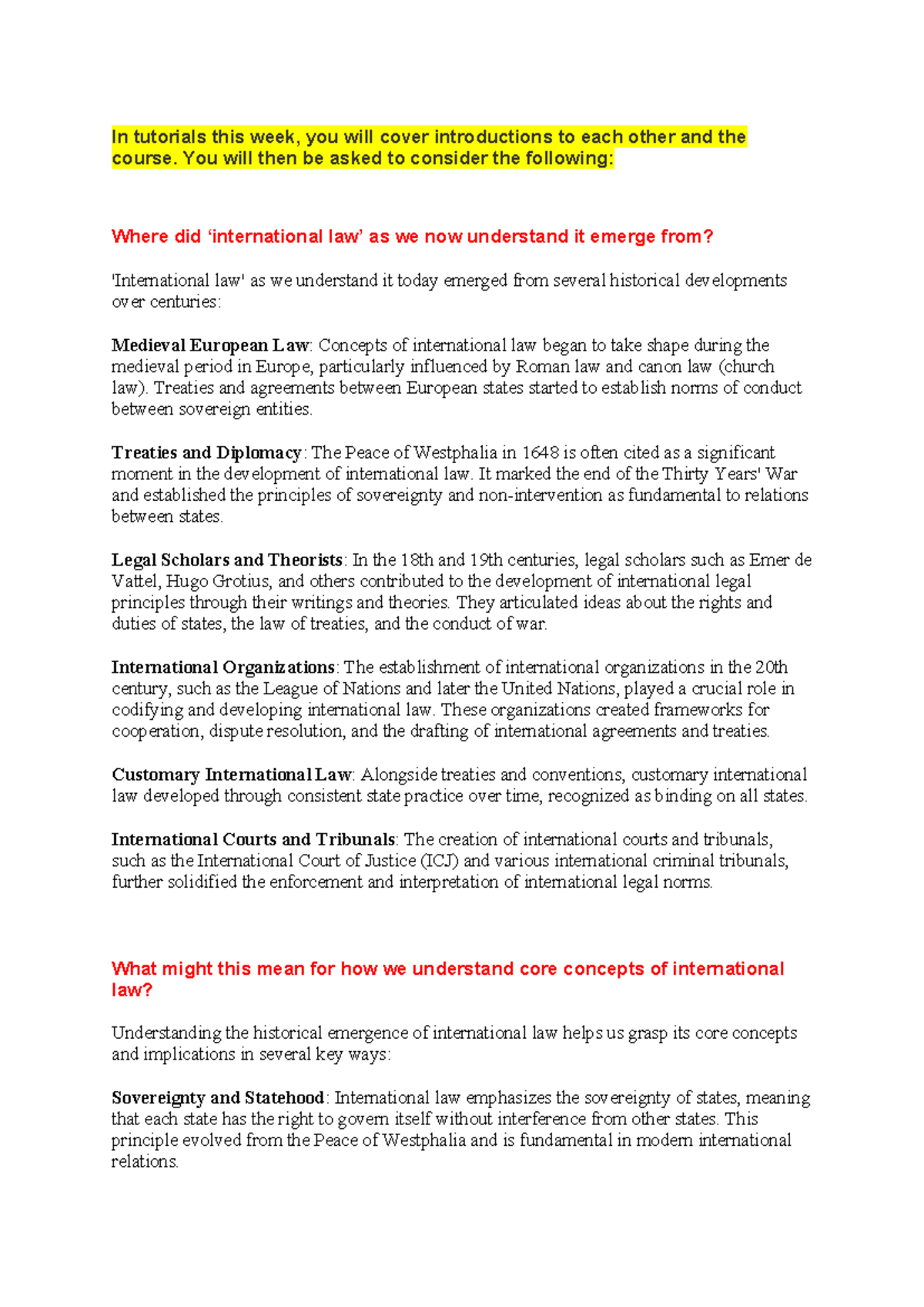 Public International Law - Week 1 Tute Notes - In tutorials this week ...
