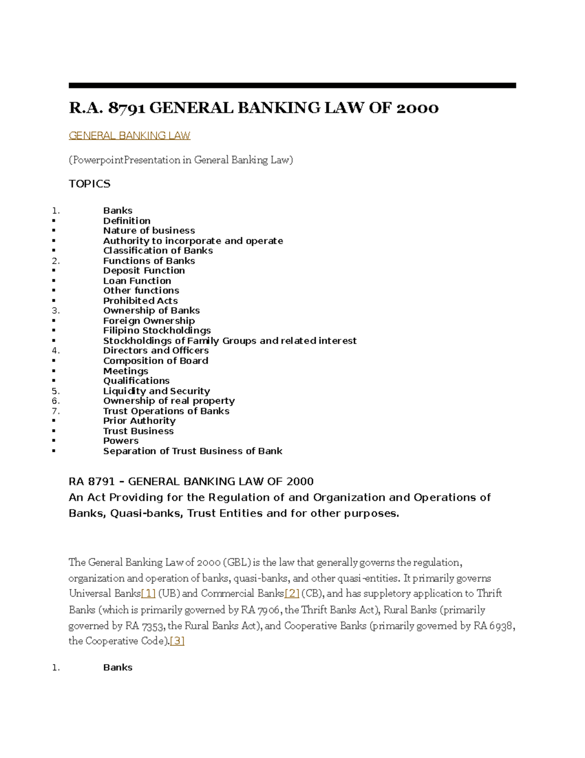 R.A. 8791 General Banking Law of 2000 Overview and Key Provisions - Studocu
