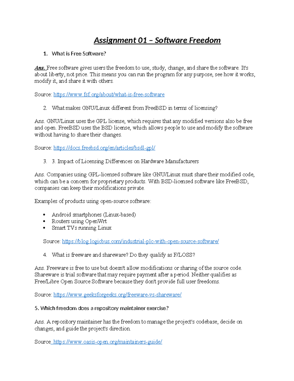 Assignment 01: Understanding Free Software and Licensing Differences ...
