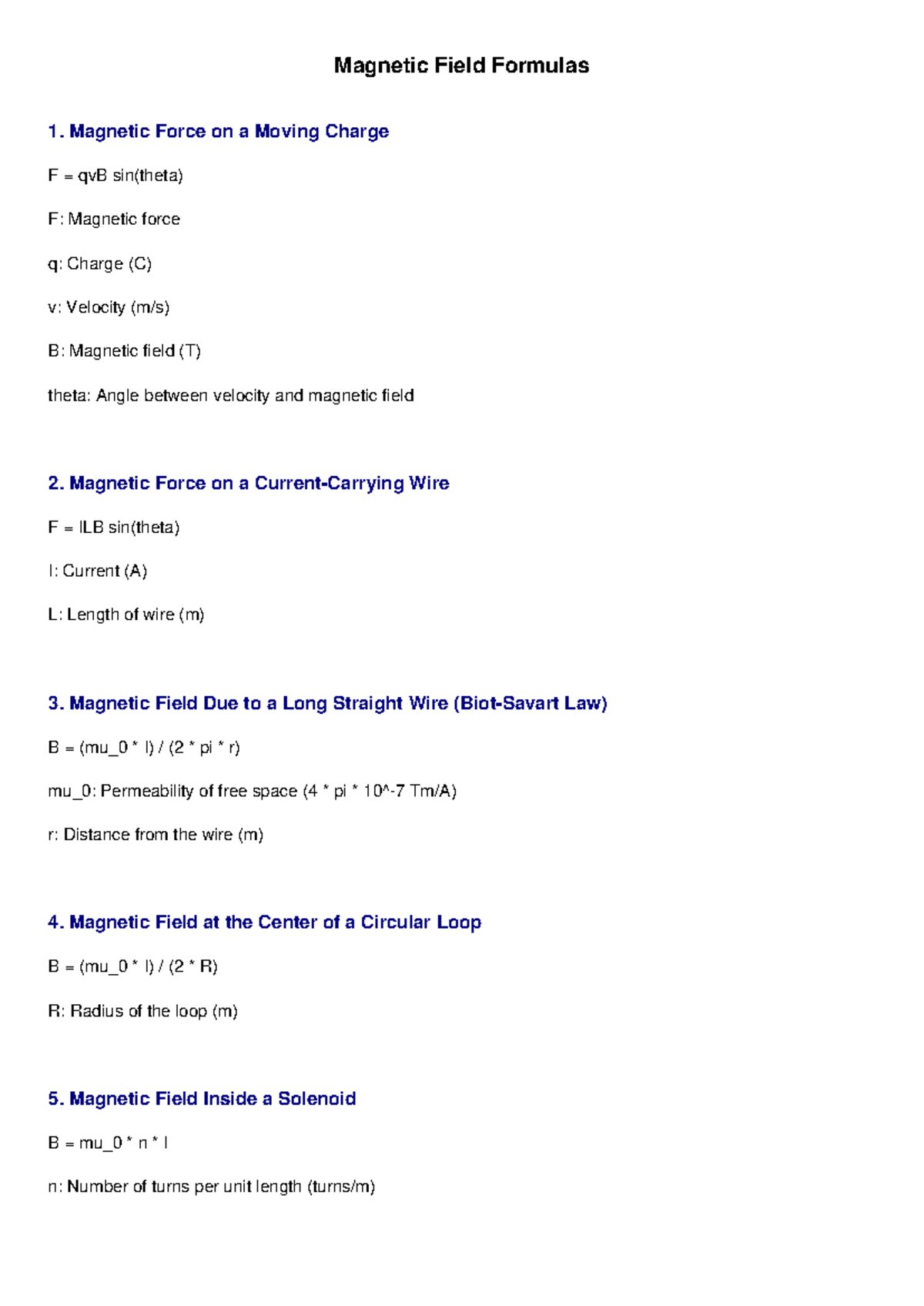 Magnetic Field Formulas: Key Equations and Concepts - Studocu