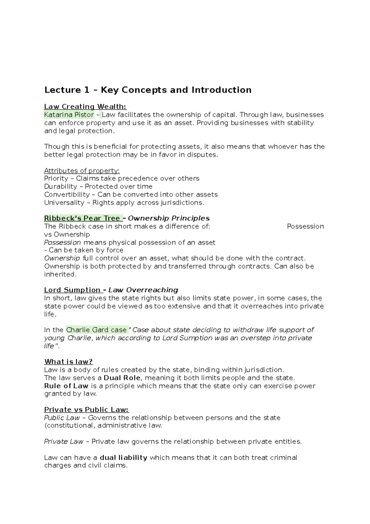 Business Law I - Lecture Recap: Key Concepts and Case Studies - Studocu