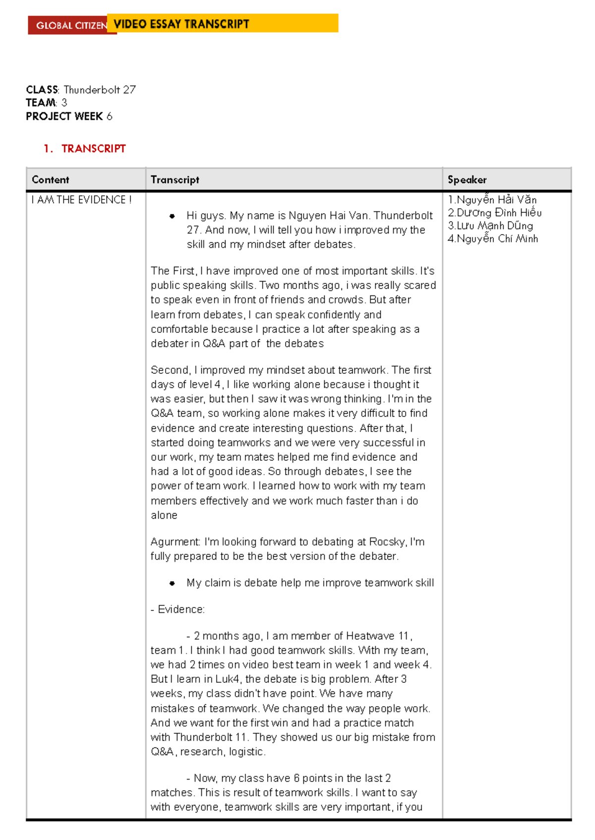 Team Transcript for Project Week 6 - Thunderbolt 27 - Studocu