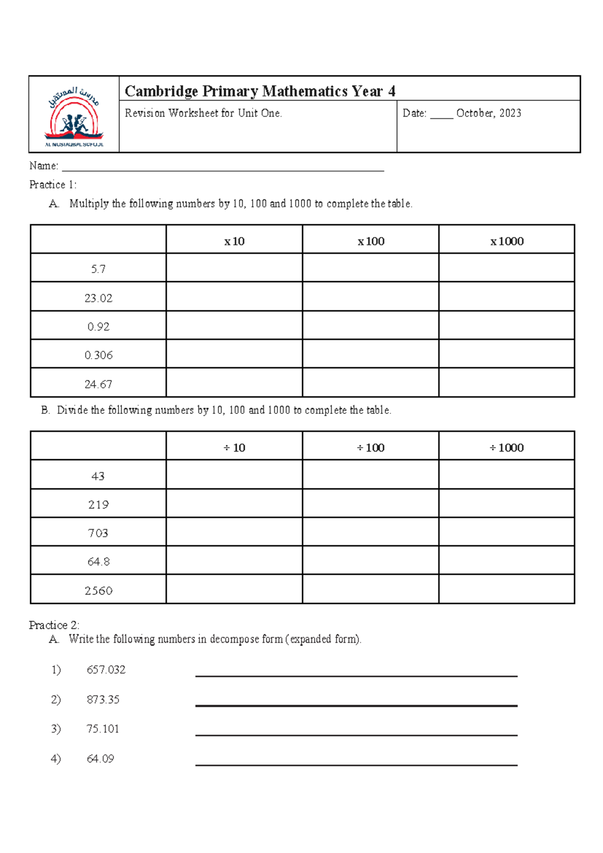 Cambridge Primary Math Year 4 Revision Worksheet - Unit 1 - Studocu