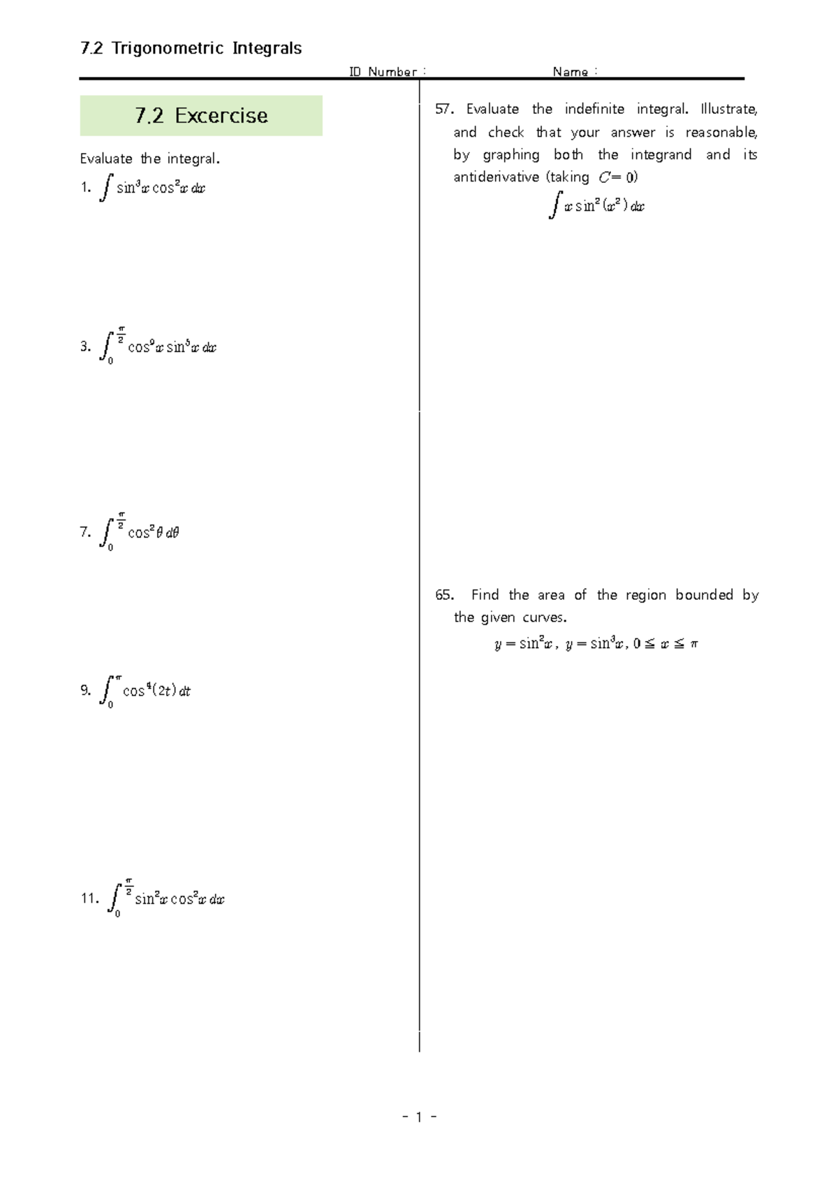 E Section 7.2 Trigonometric Integrals - 7 Trigonometric Integrals ID ...
