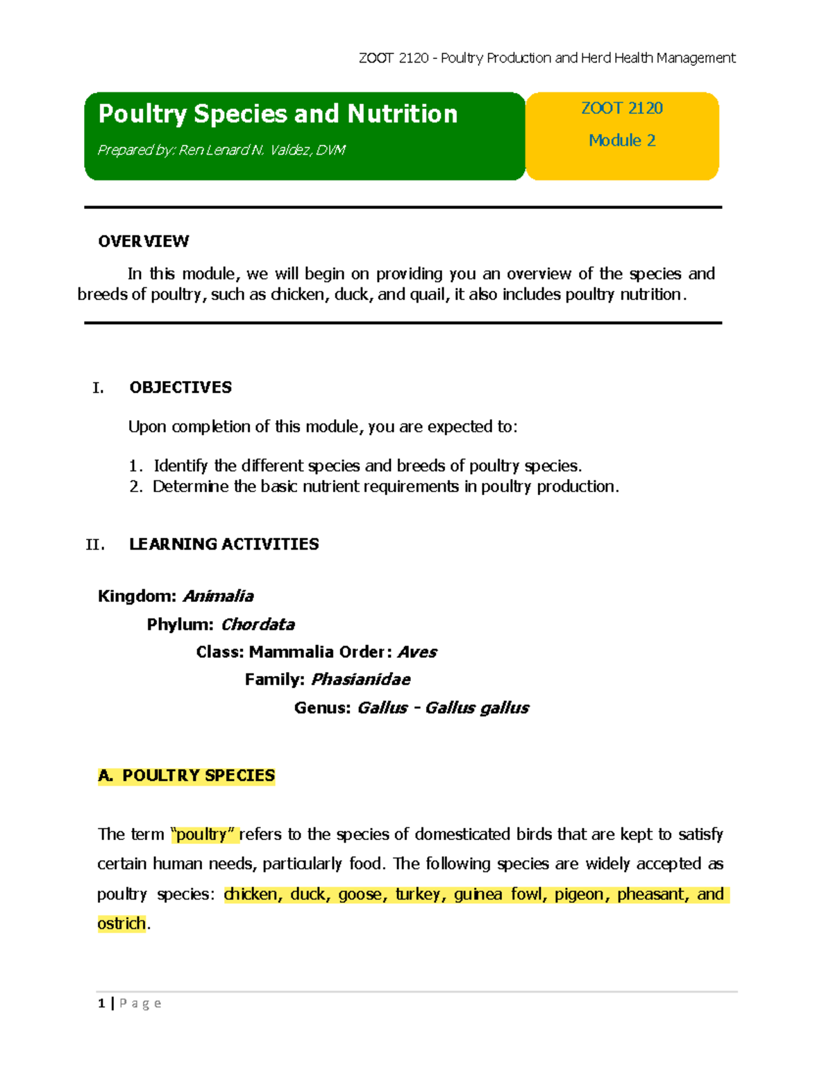 Module 2: Poultry Species & Nutrition Overview - ZOOT 2120 - Studocu