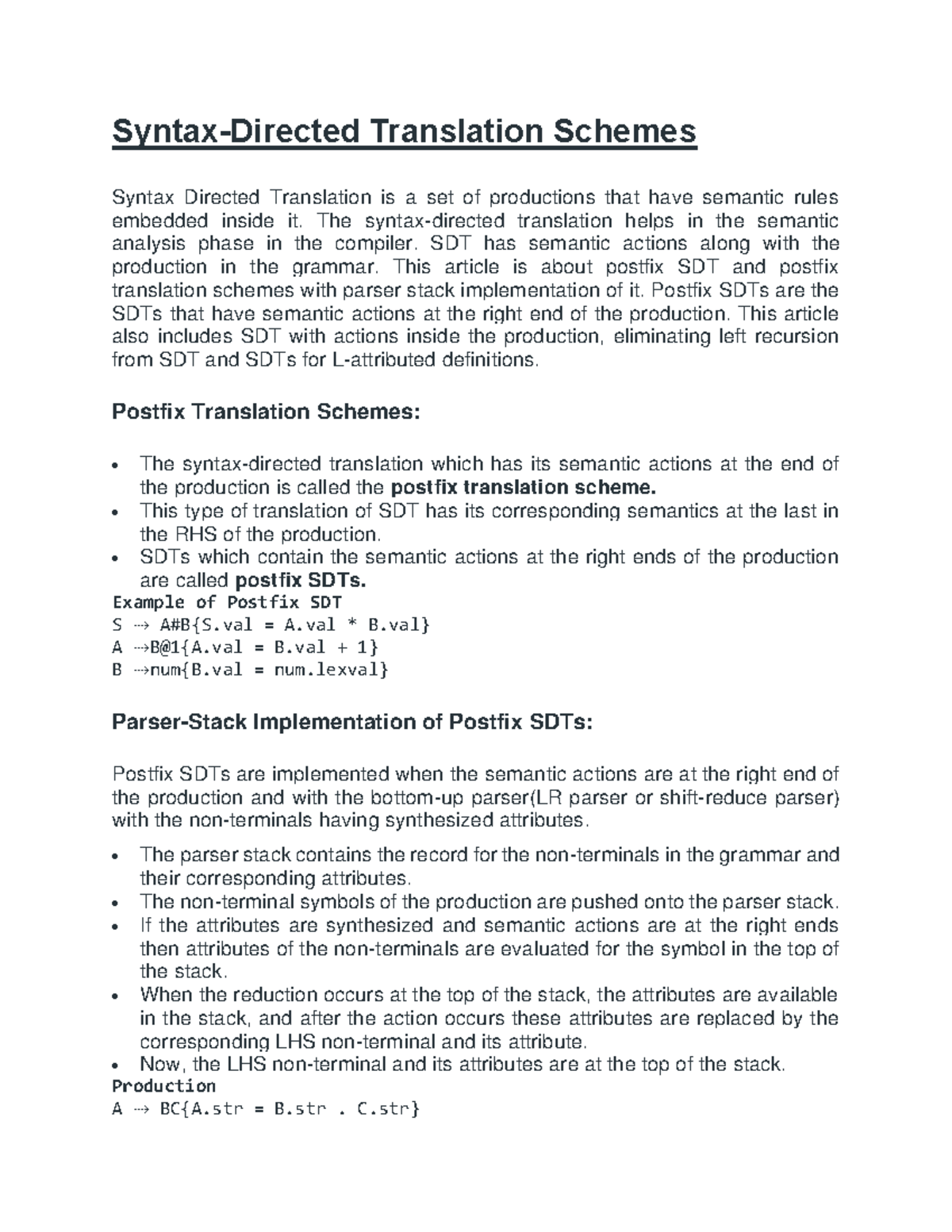 Unit 3 Compiler Design: Postfix SDT & Parser Implementation Notes - Studocu