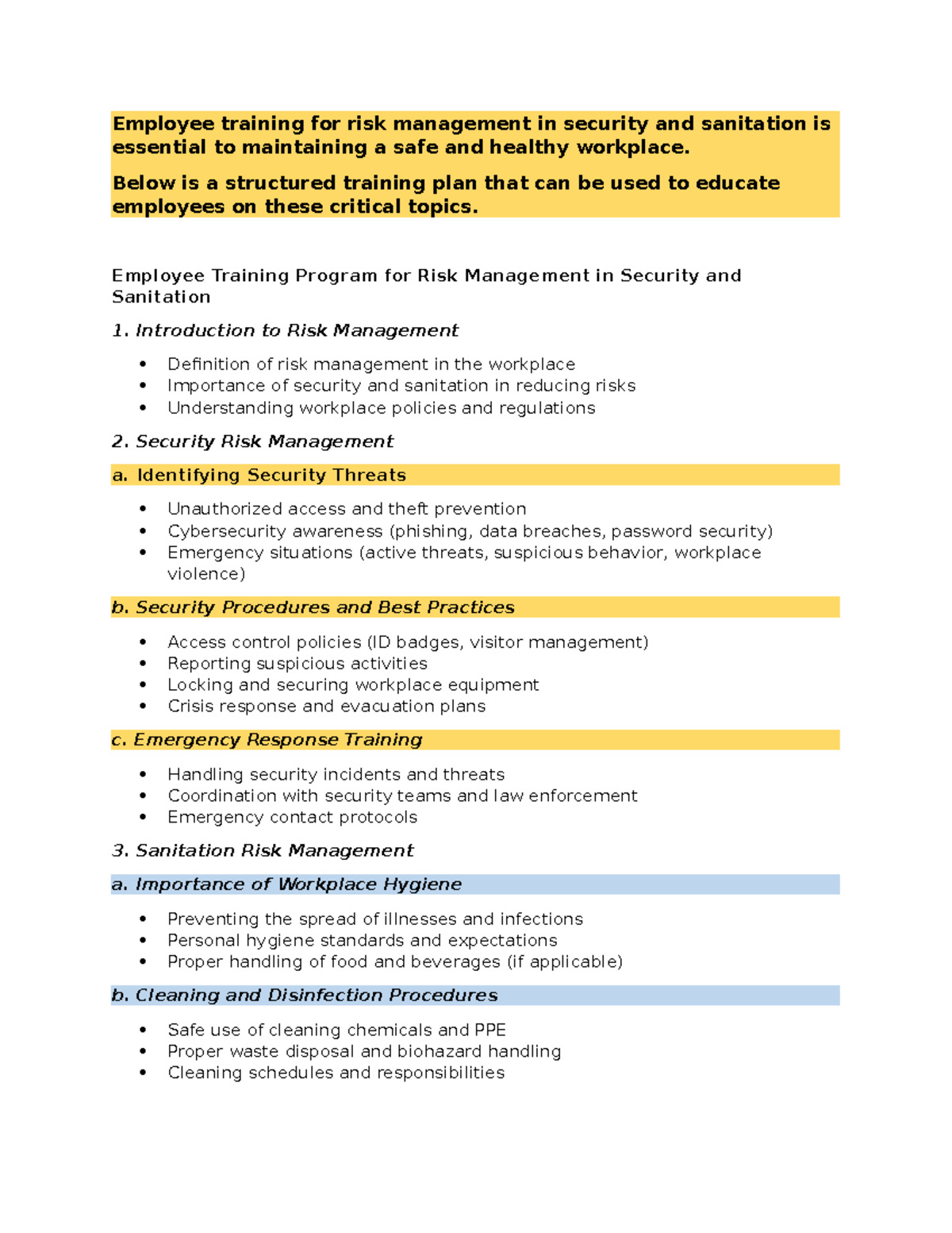 Employee Training Program: Risk Management in Security & Sanitation ...