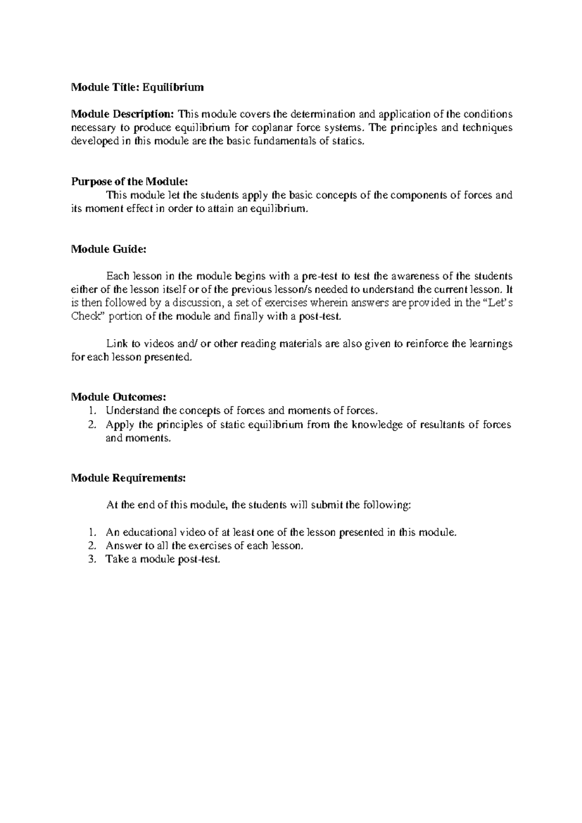 Equilibrium of Coplanar Concurrent Force Systems: Module Overview - Studocu