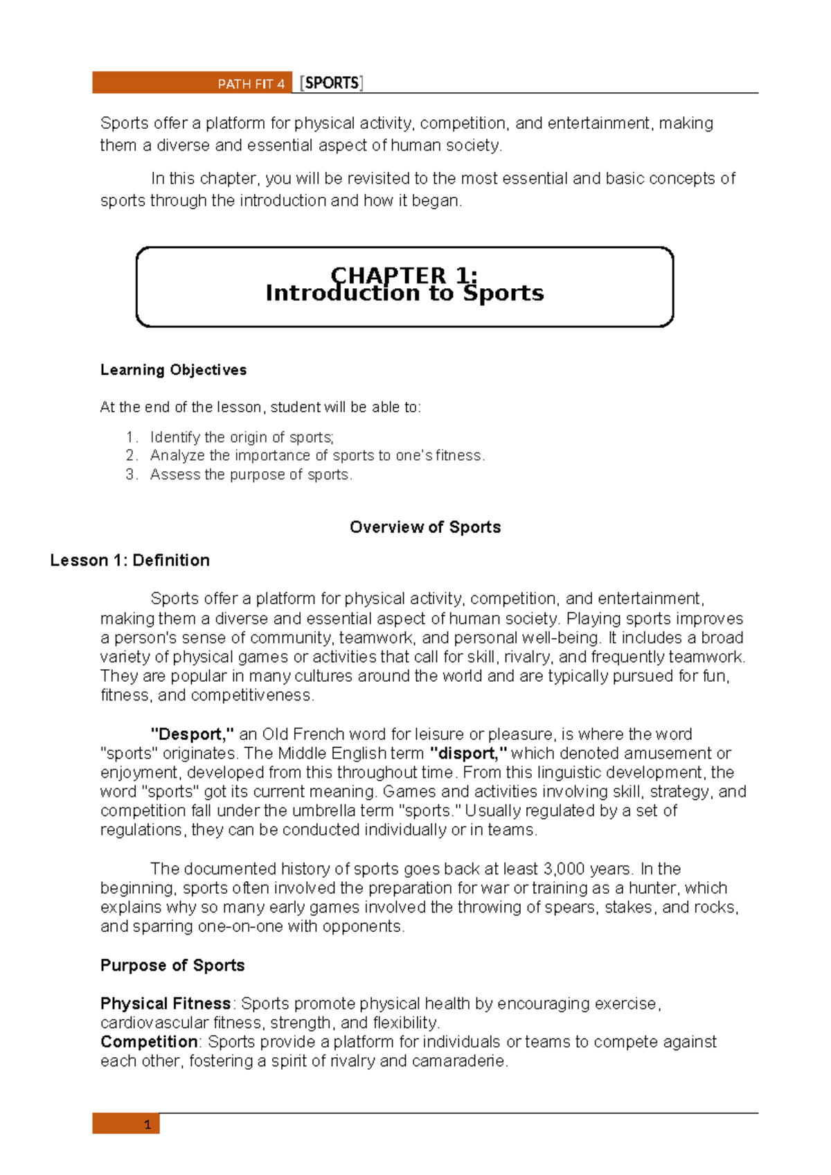 Pfinal PE 4 - Chapter 1: Introduction to Sports and Its Benefits - Studocu