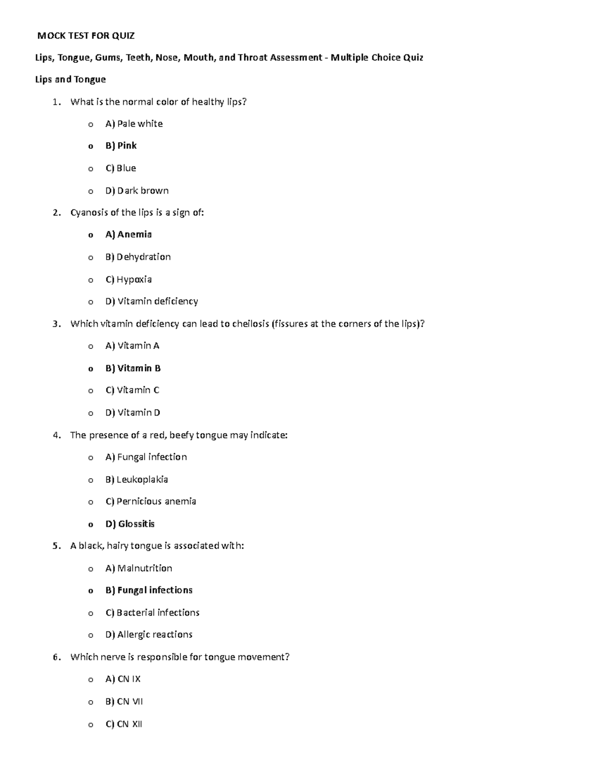 Health Assessment Practice Quiz: Lips, Tongue, Gums, Teeth, Nose, and ...