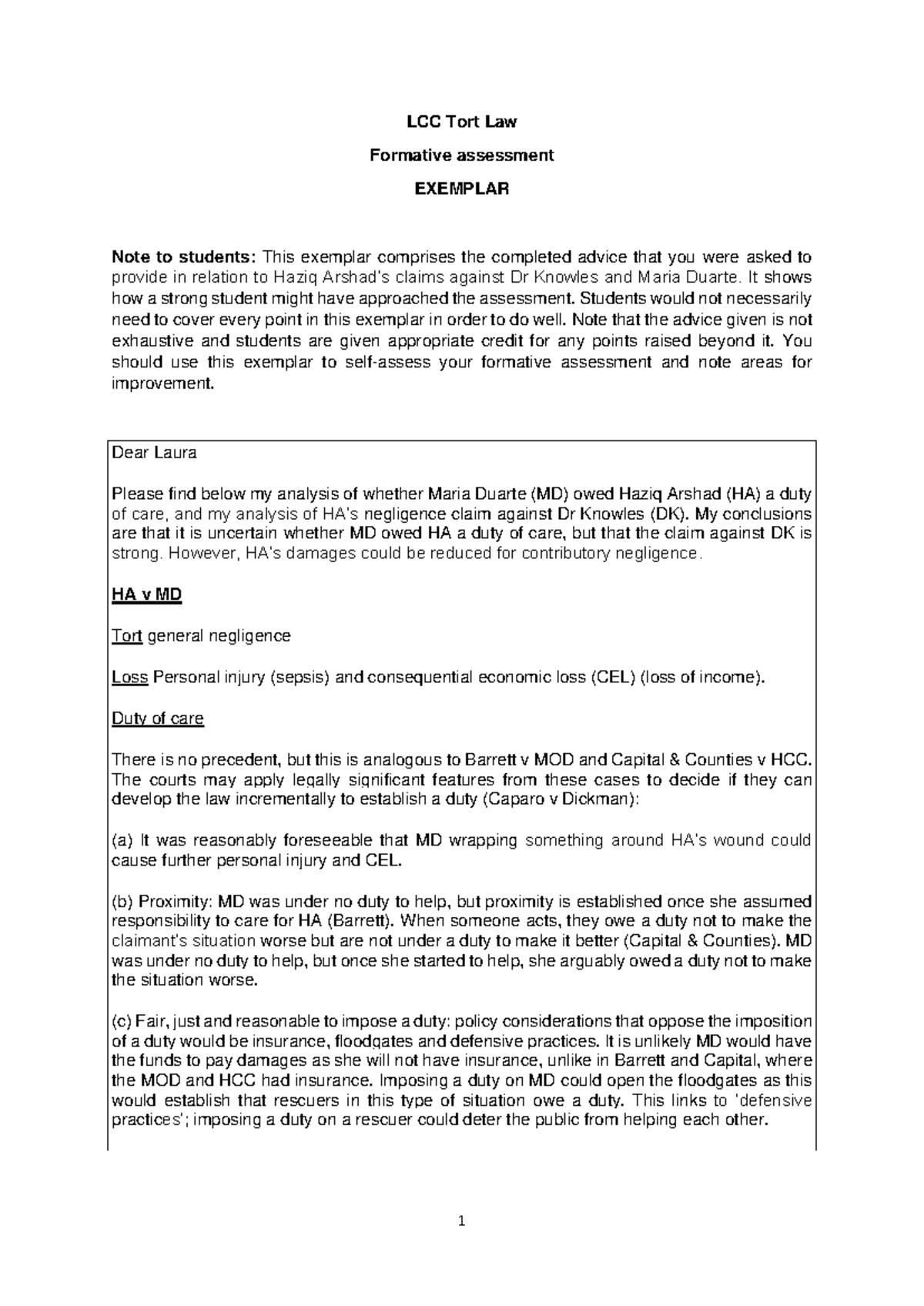 LCC Tort Law Formative Assessment Exemplar: Haziq v Dr Knowles & Maria ...