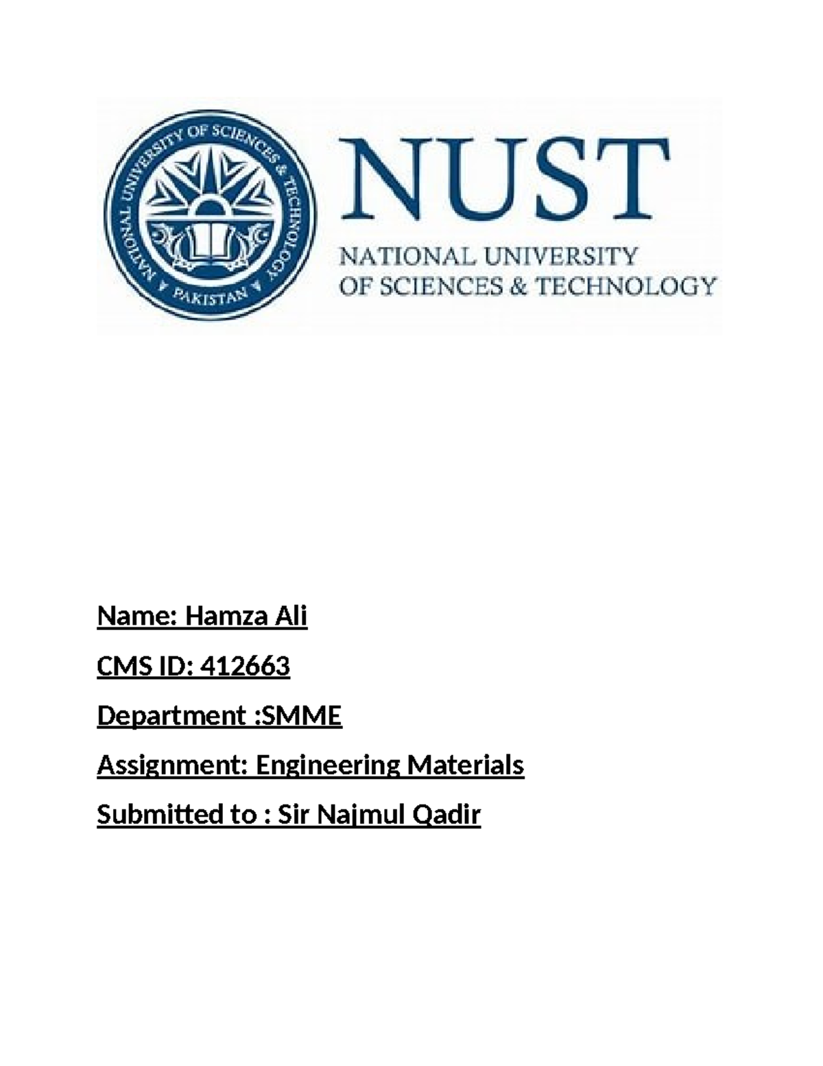 Engineering Materials Assignment - Name: Hamza Ali CMS ID: 412663 ...