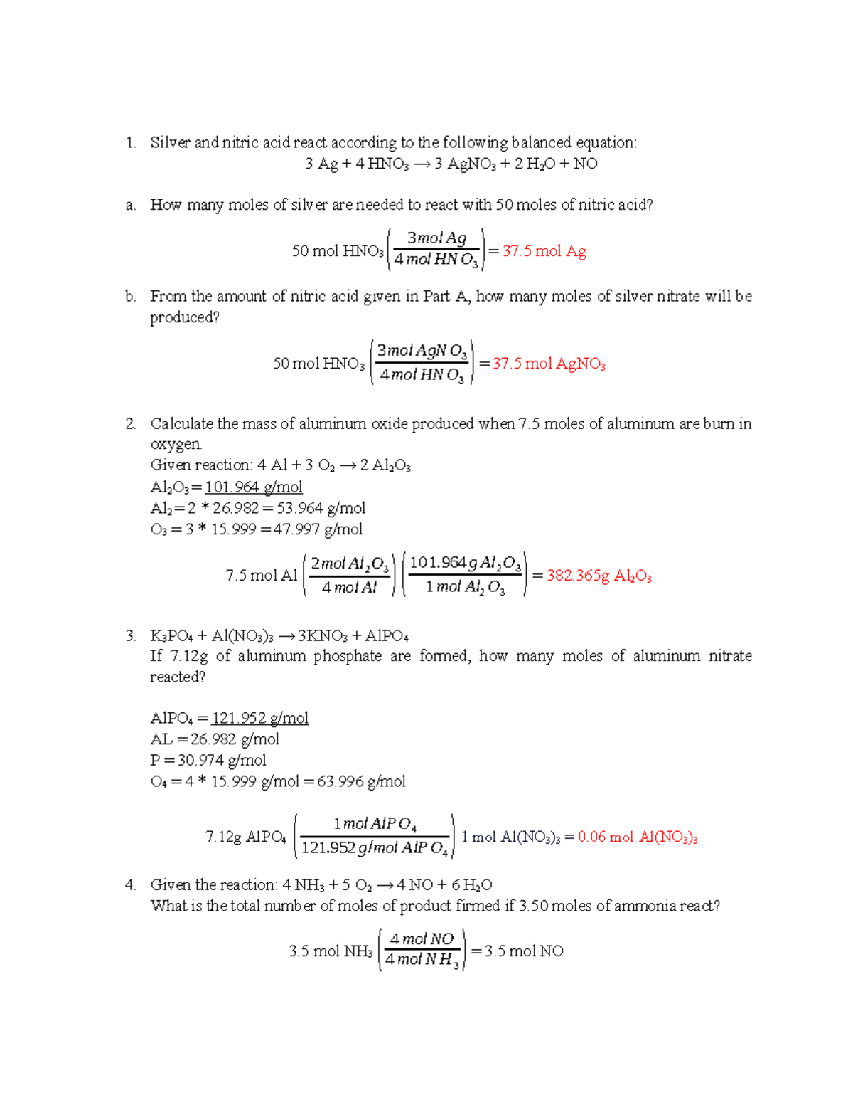 Stoichiometry Problem Set - 1. Silver and nitric acid react according ...
