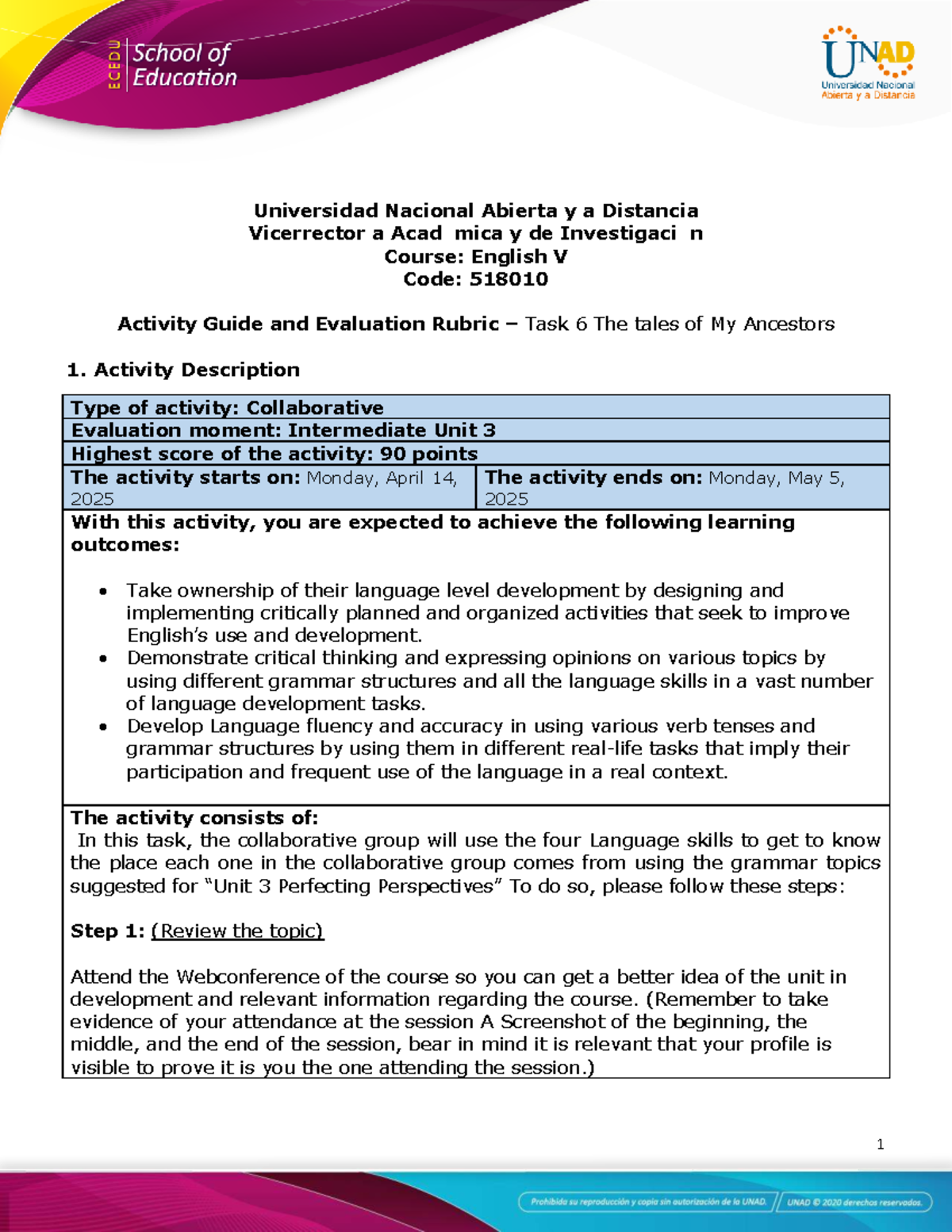 Activity Guide & Evaluation Rubric - ENG V (518010) - Task 6: Ancestors ...