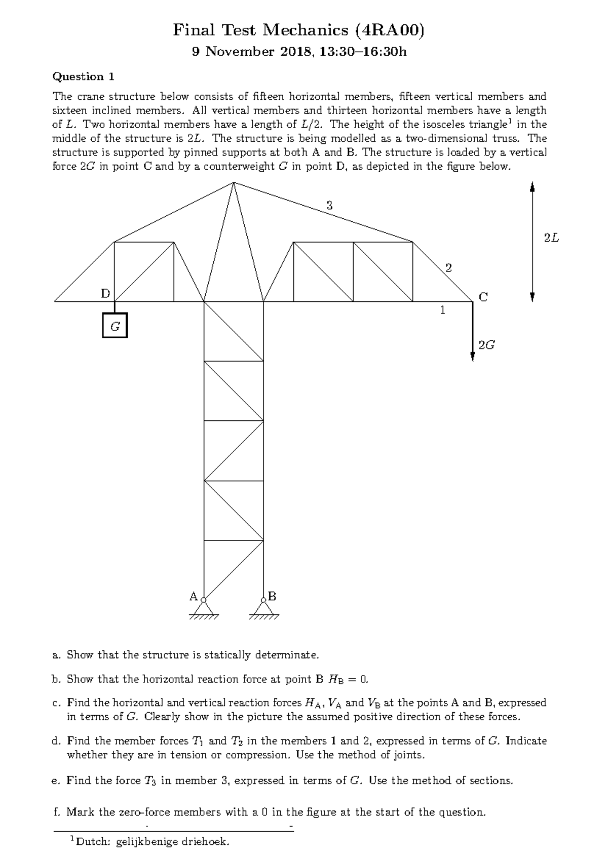 Final Test Mechanics (4RA00): Truss Structure Analysis - Studeersnel
