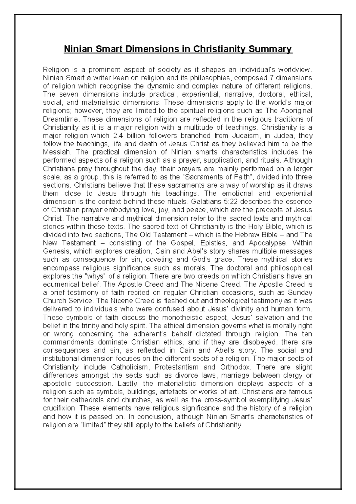 Ninian Smart's 7 Dimensions of Christianity: A Summary - Studocu