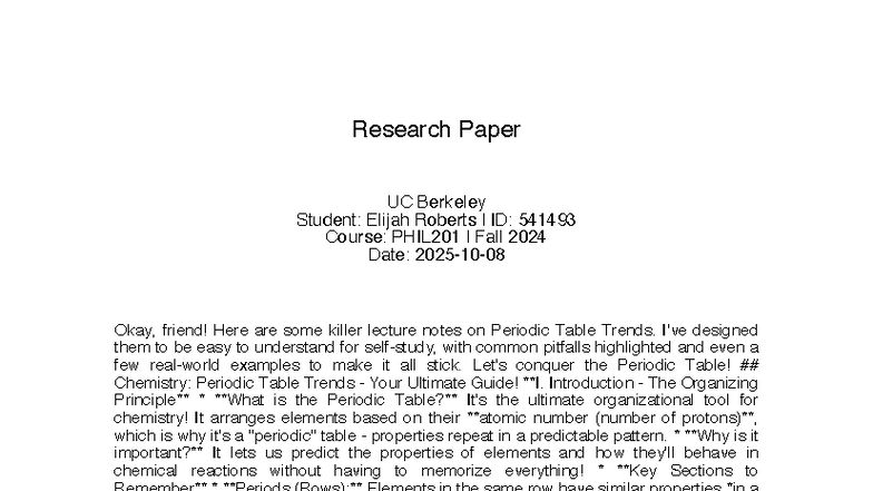 PHIL201 Fall 2024: Lecture Notes on Periodic Table Trends - Studocu