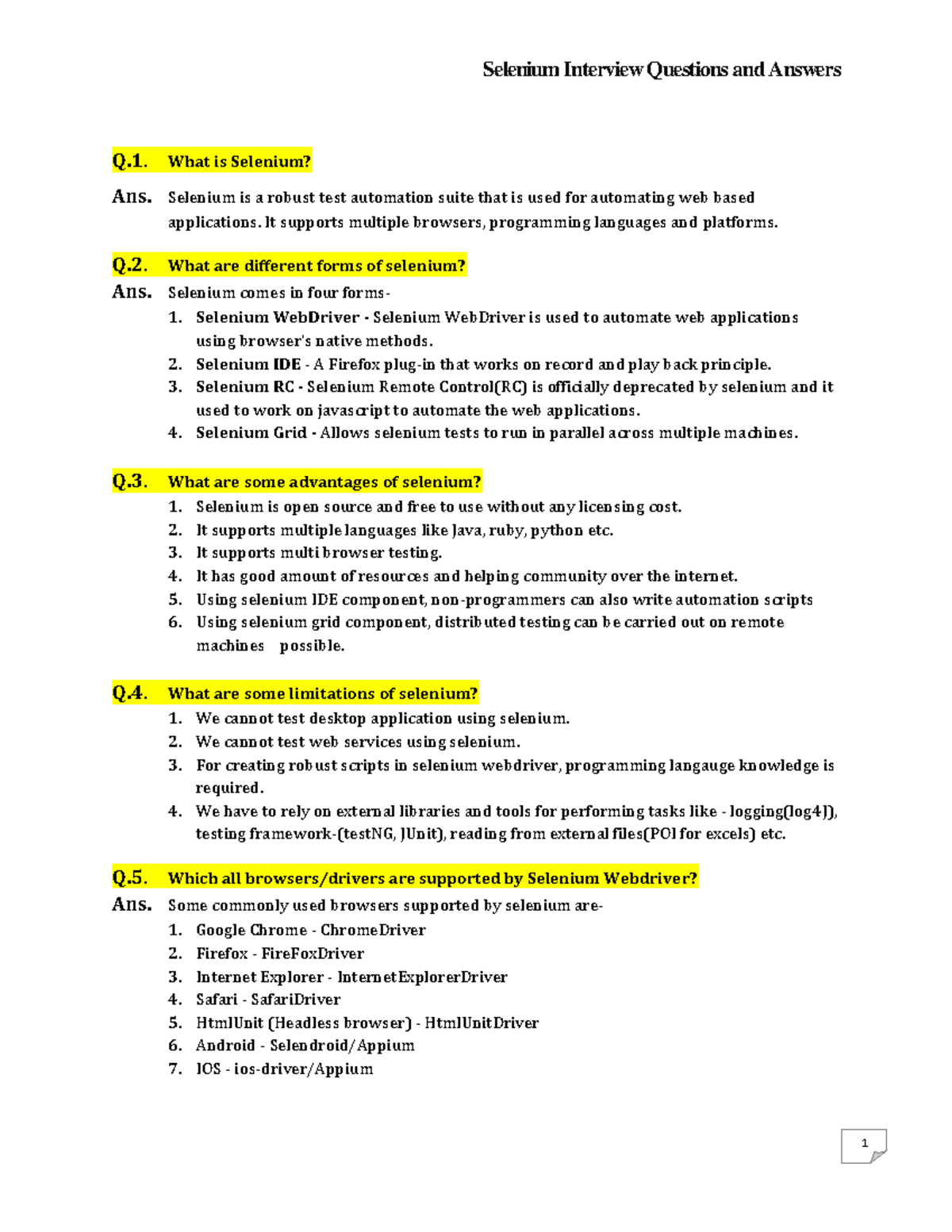 Selenium Interview Questions & Answers for Test Automation - Studocu