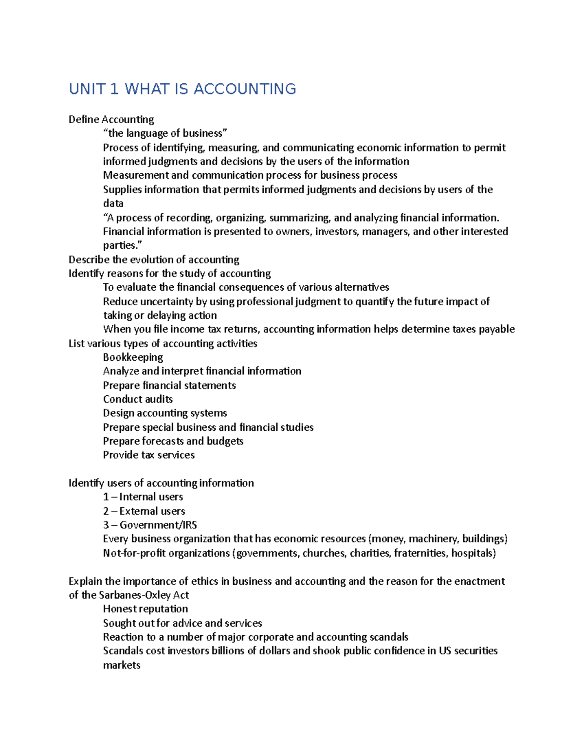 UNIT 1 - Lecture notes 1 - UNIT 1 WHAT IS ACCOUNTING Define Accounting ...