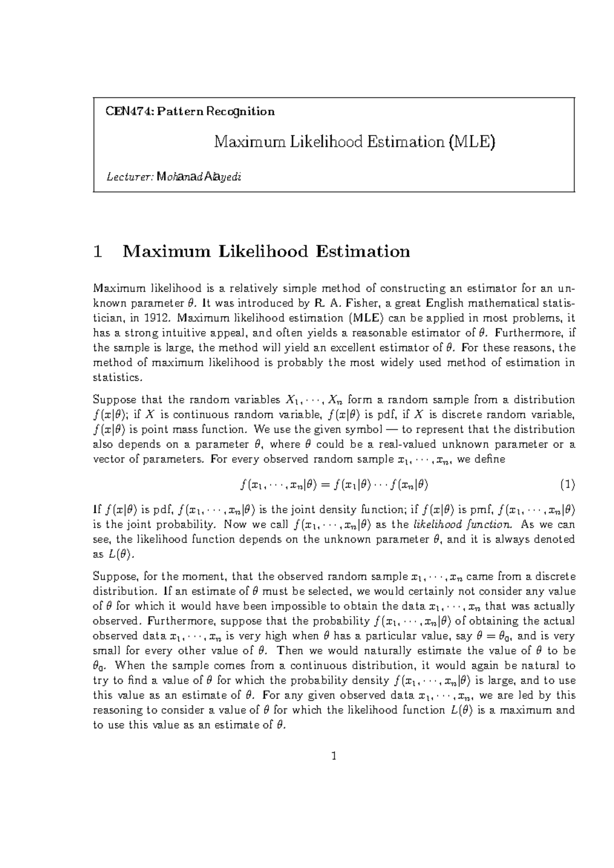 MLE Assingnment - mug - 1 Maximum Likelihood Estimation Maximum ...