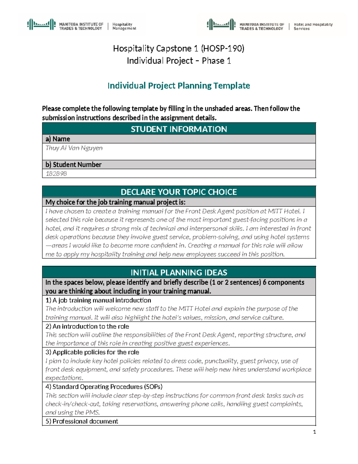 Hospitality Capstone 1: Individual Project Planning Template - Studocu