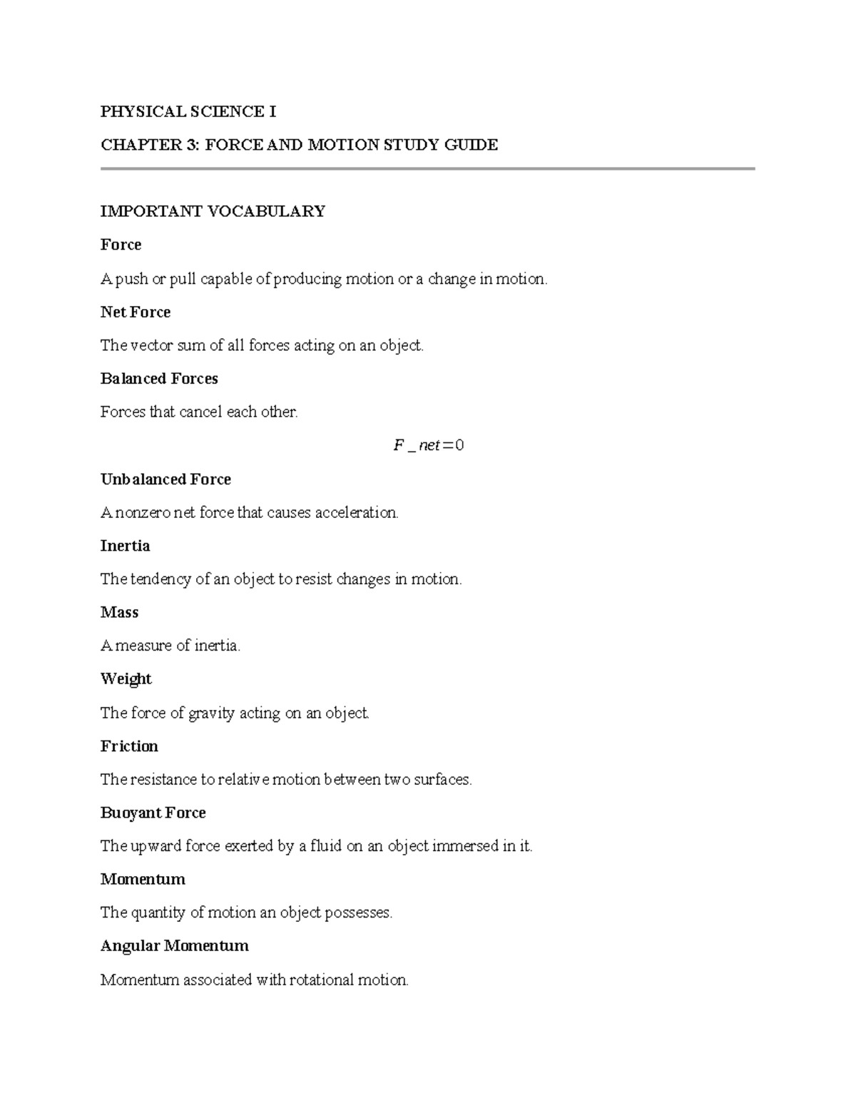 PHYSICAL SCIENCE I CHAPTER 3: FORCE AND MOTION STUDY GUIDE - Studocu