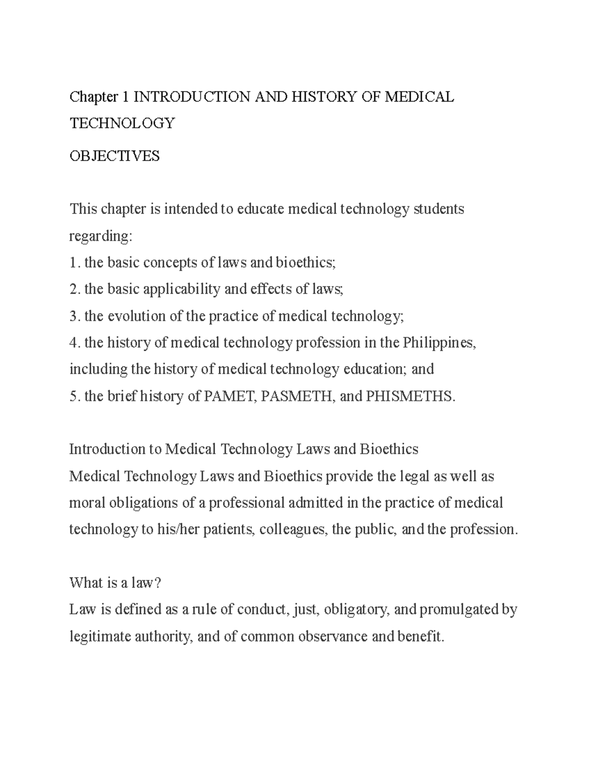 MT LAWS Chapter 1: Introduction to Medical Technology History and ...
