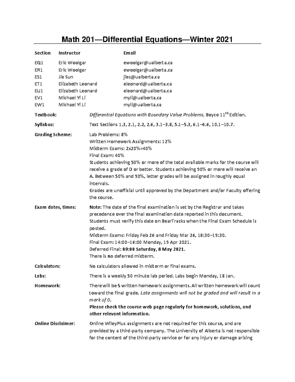 Math 201: Differential Equations Course Outline and Exam Info - Studocu