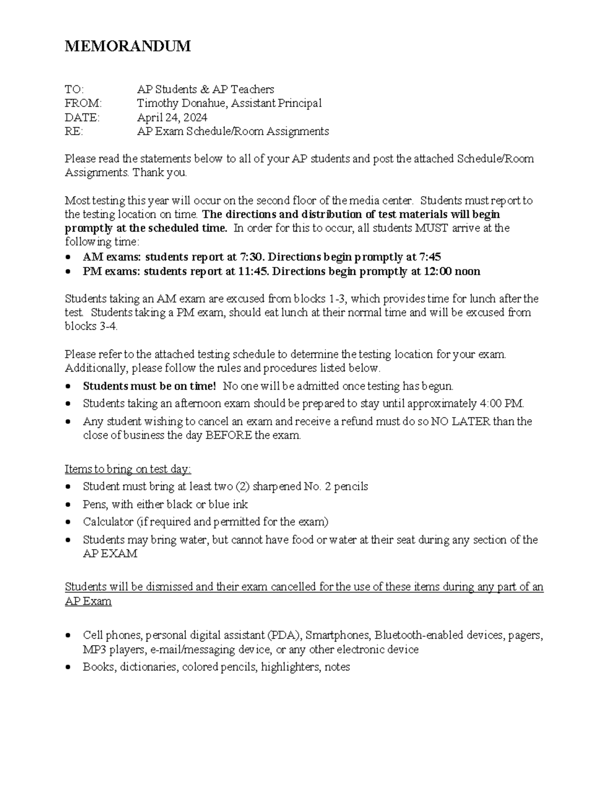2024 AP Exam Schedule & Room Assignments Memo for Students - Studocu