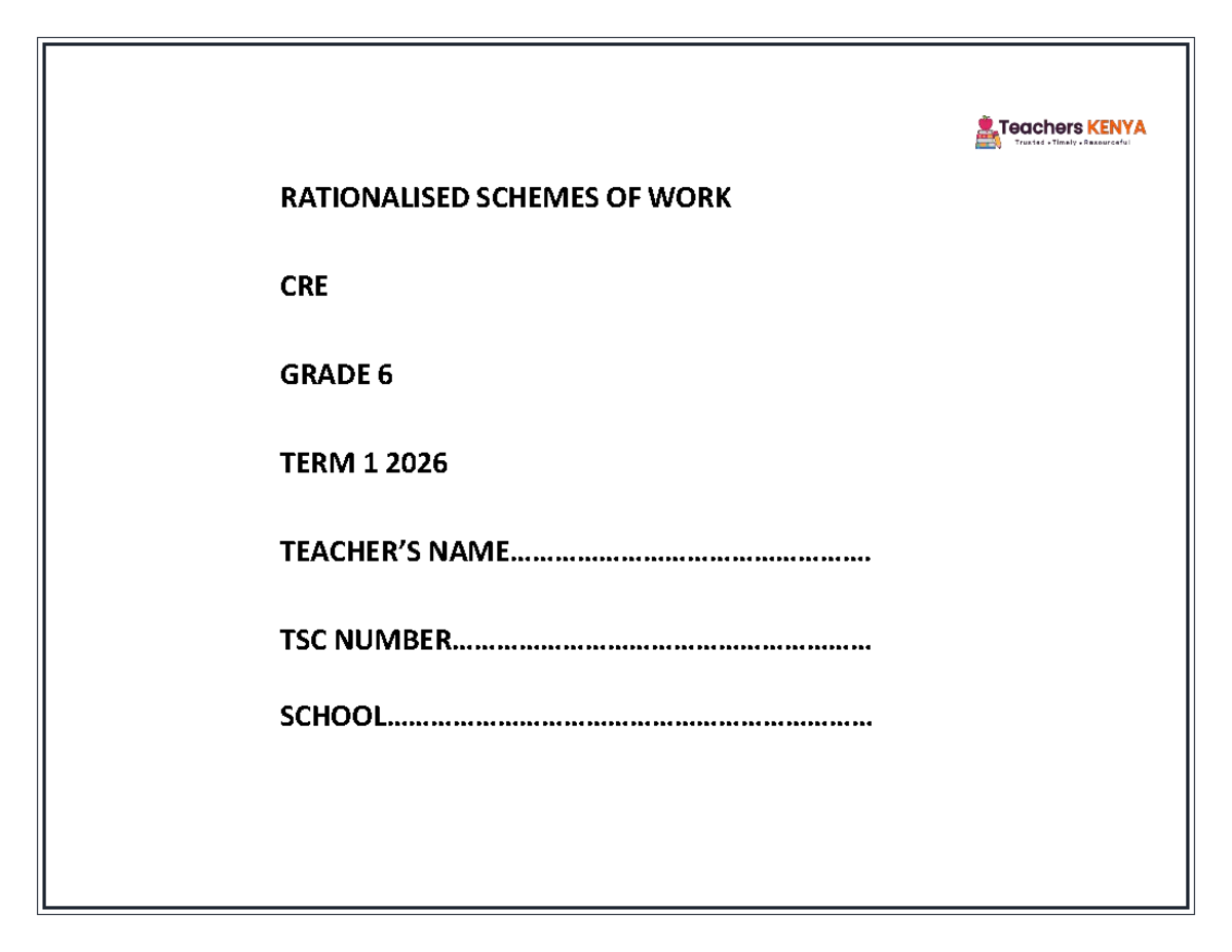 TERM 1 CRE SCHEMES OF WORK GRADE 6 2026 - Studocu