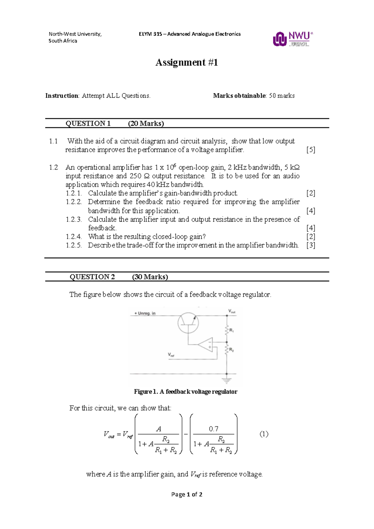 ELYM 315 Advanced Analogue Electronics Assignment 1 Instructions - Studocu