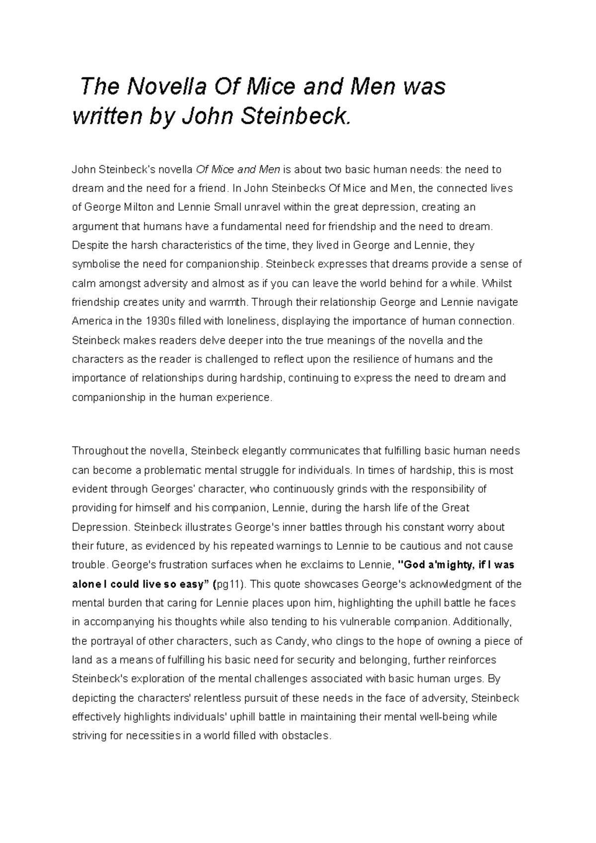 Of Mice and Men (ENG 101) - Exploring Human Needs and Themes - Studocu