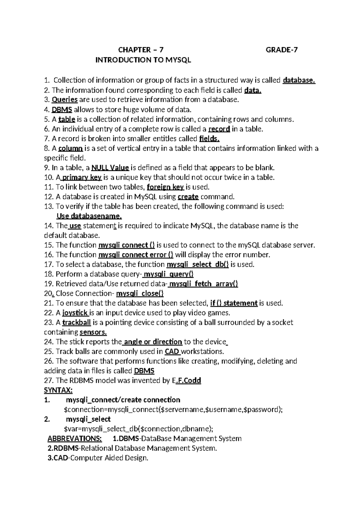 Chapter - 7 Introduction TO Mysql - CHAPTER – 7 GRADE- INTRODUCTION TO ...