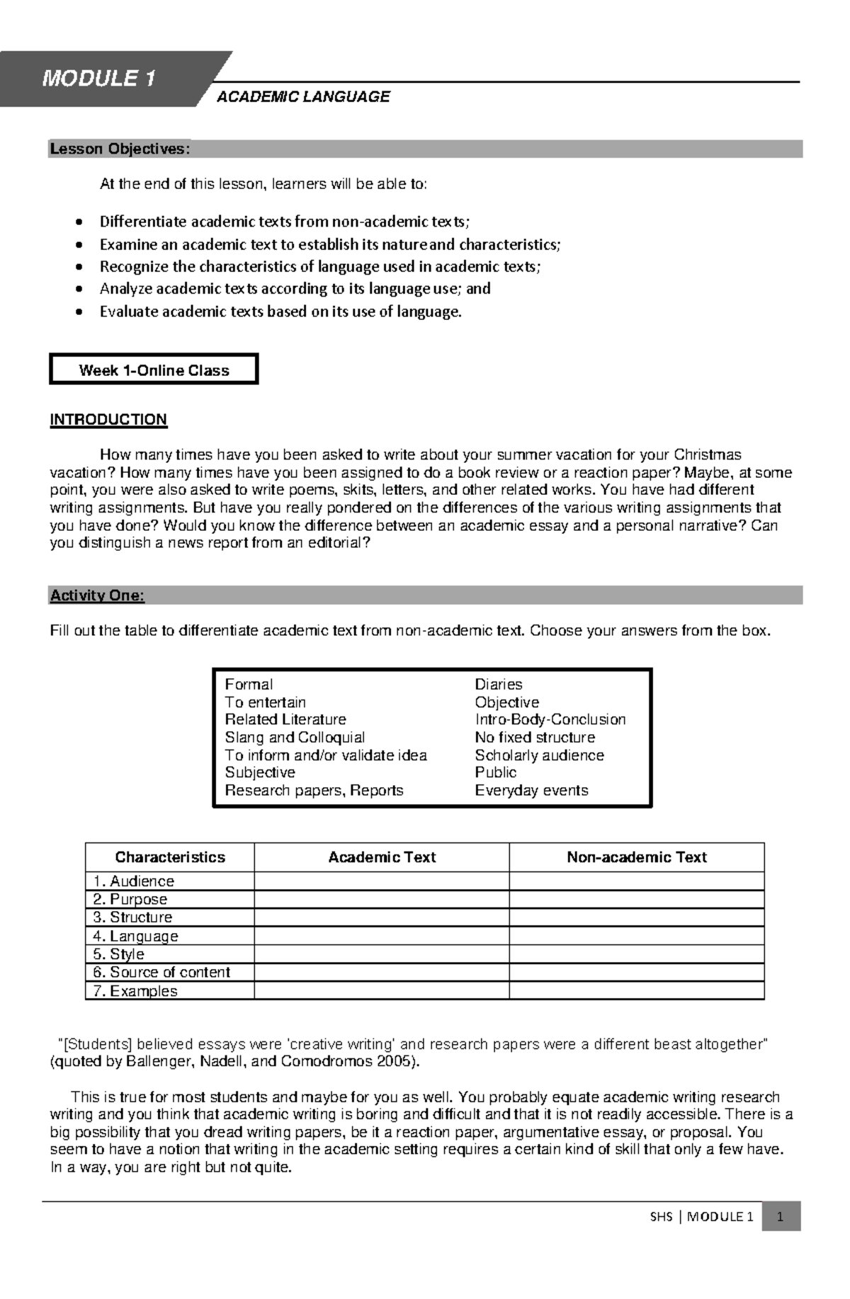 Week 1-Handouts: Understanding Academic Texts for Senior High School ...