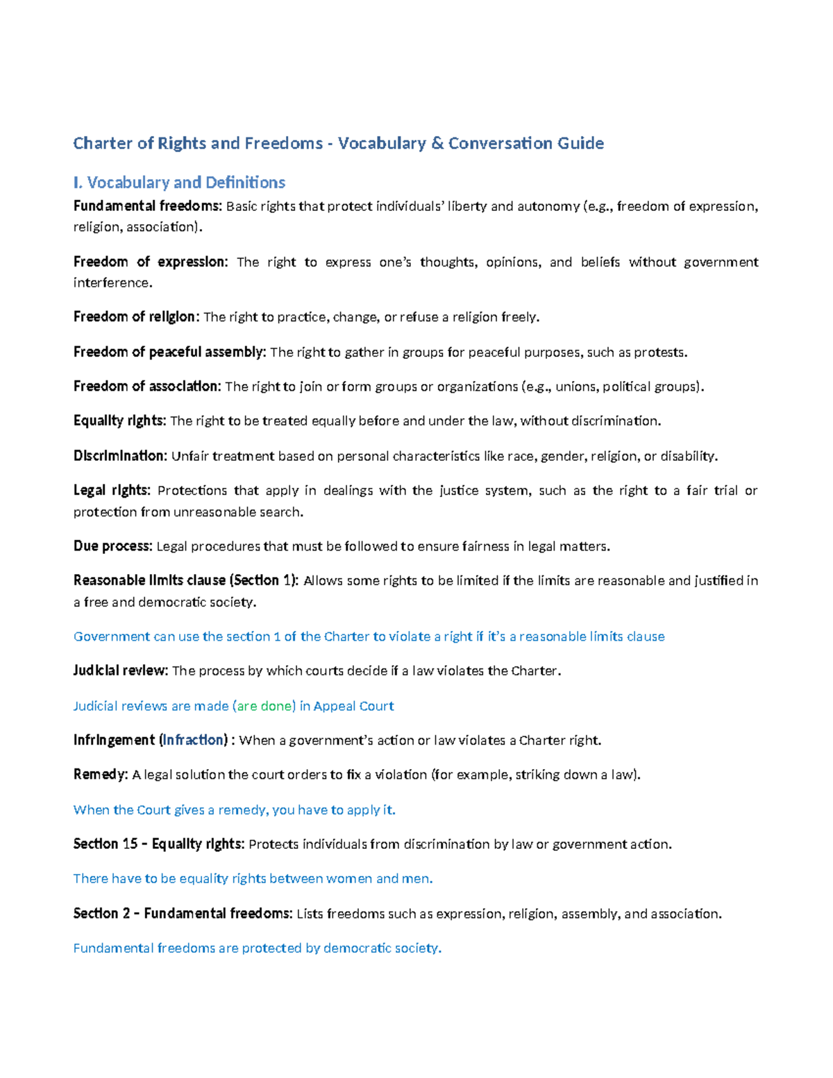Charter of Rights and Freedoms Vocabulary Guide I: Key Terms Explained