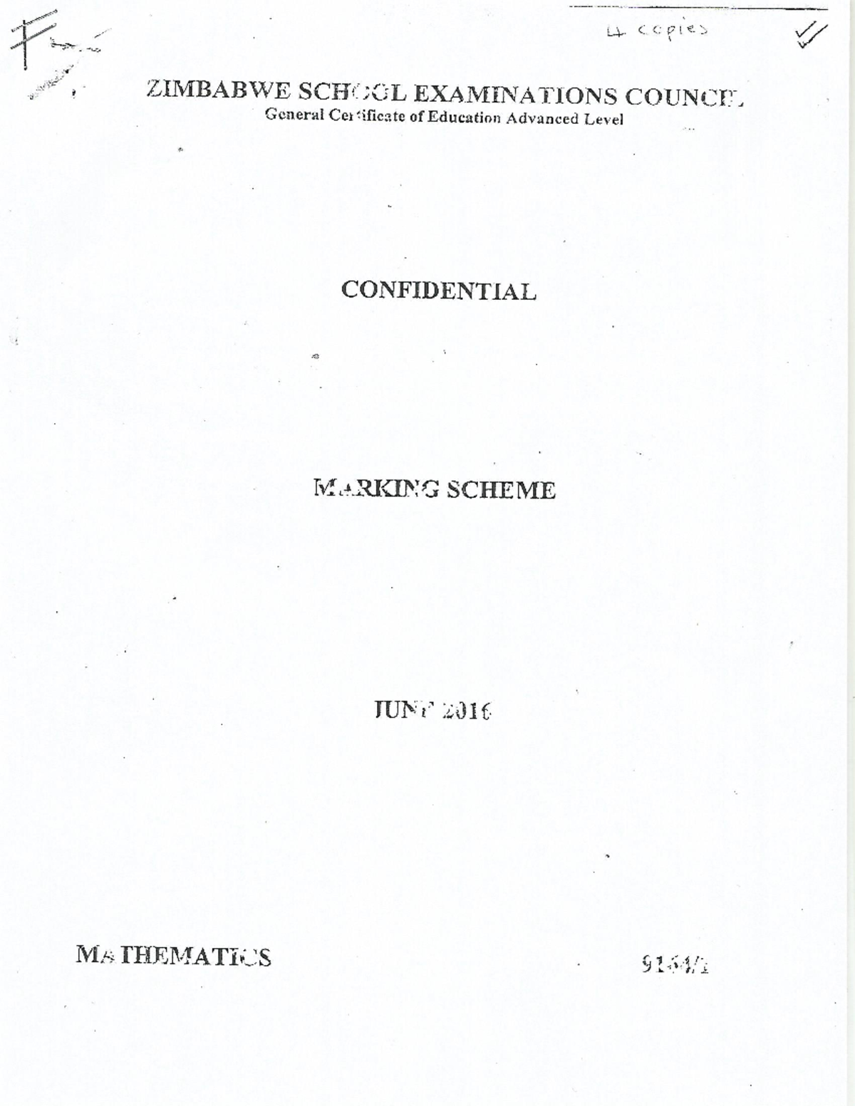 ZIMSEC A-Level Mathematics MS June 2016 Paper 1 Marking Scheme - Studocu