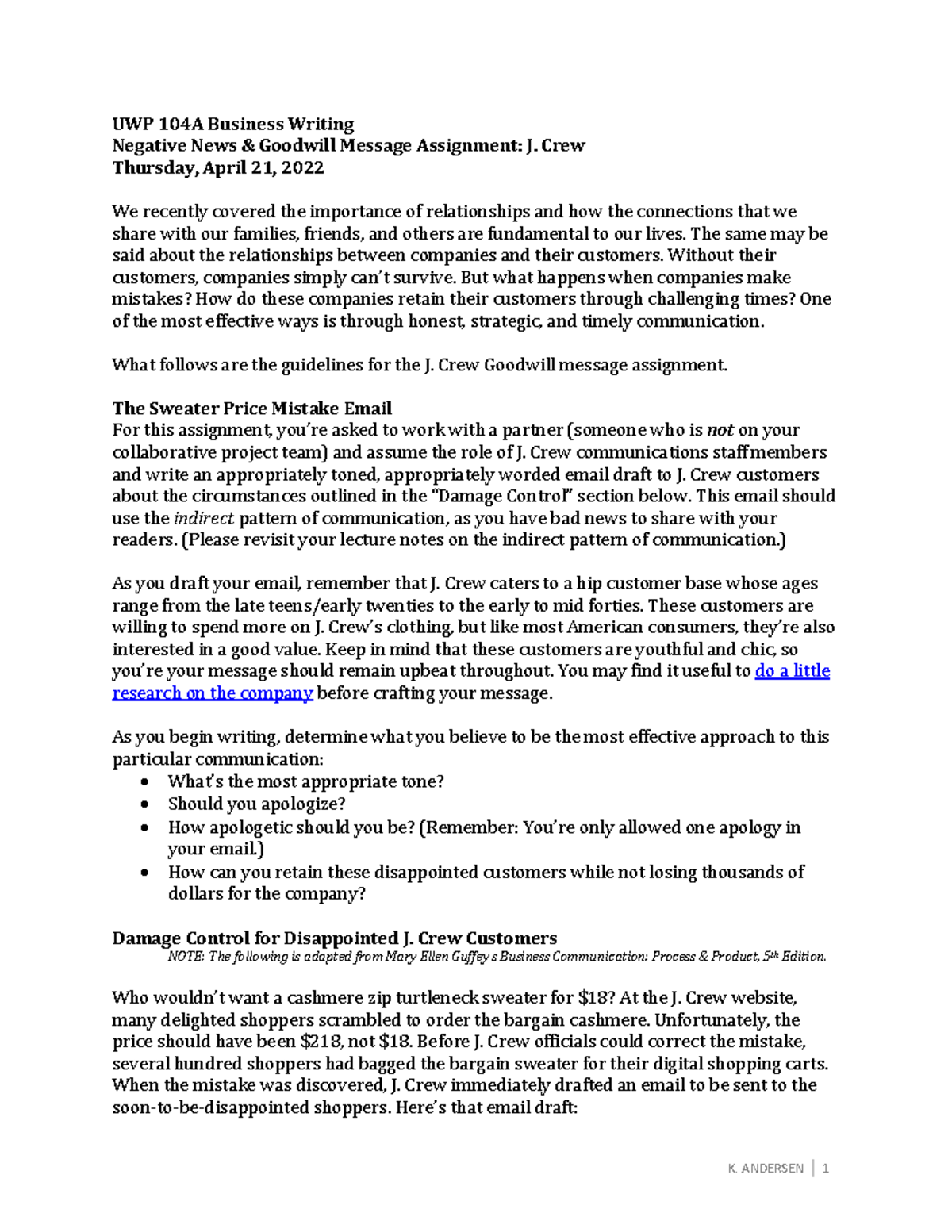 UWP 104A Business Writing: J. Crew Goodwill Message Assignment Guide ...
