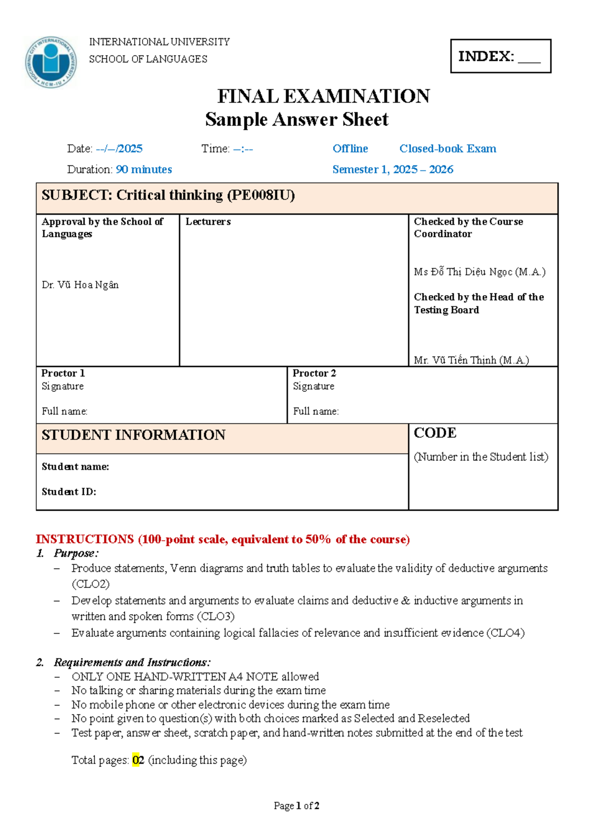 Critical Thinking (PE008IU) Final Exam Sample Answer Sheet - Studocu